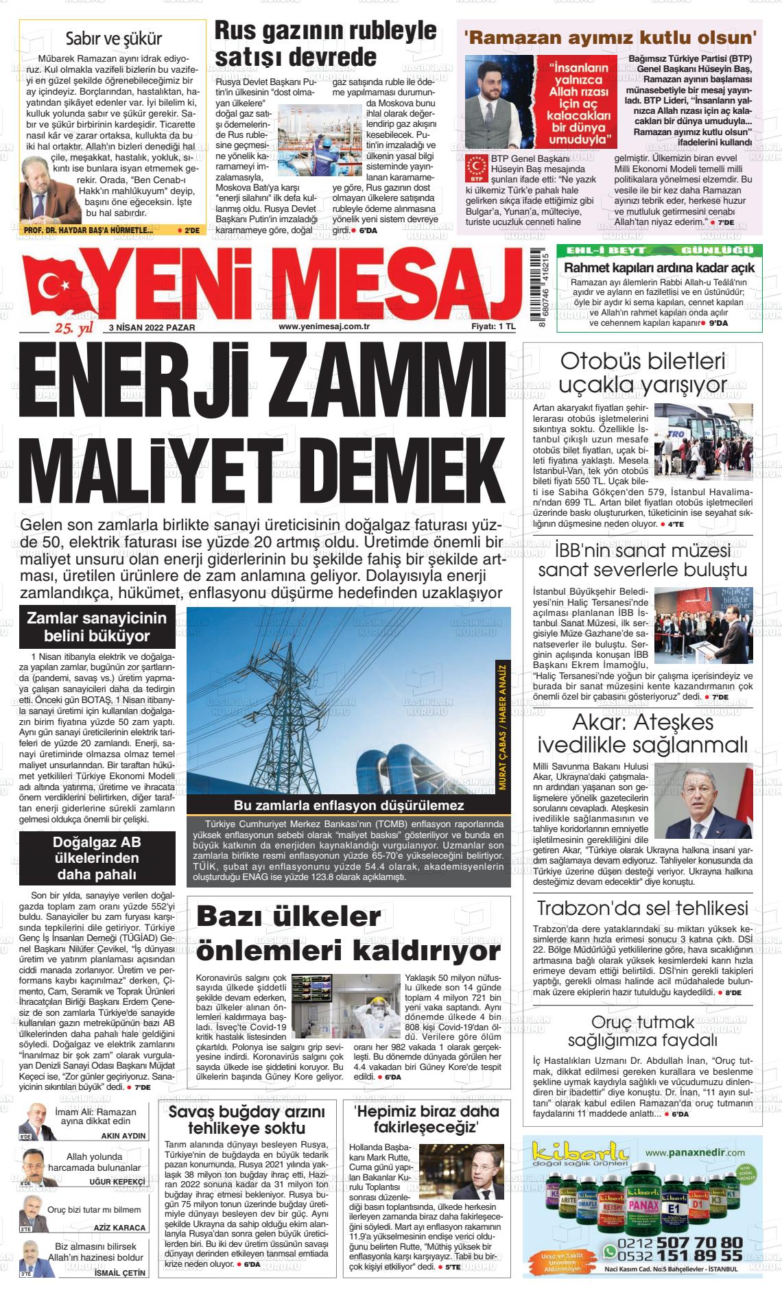 03 Nisan 2022 Yeni Mesaj Gazete Manşeti