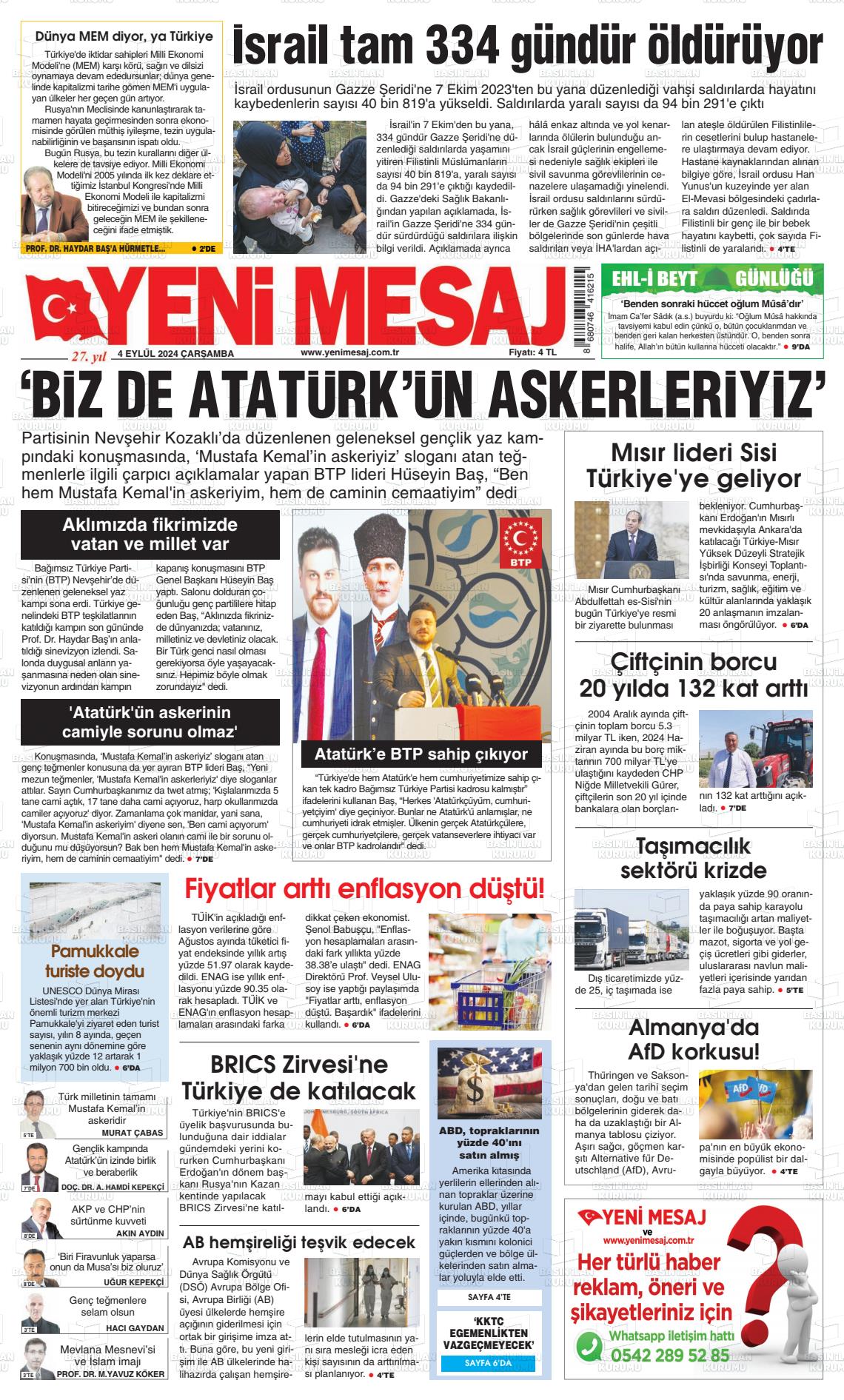 04 Eylül 2024 Yeni Mesaj Gazete Manşeti