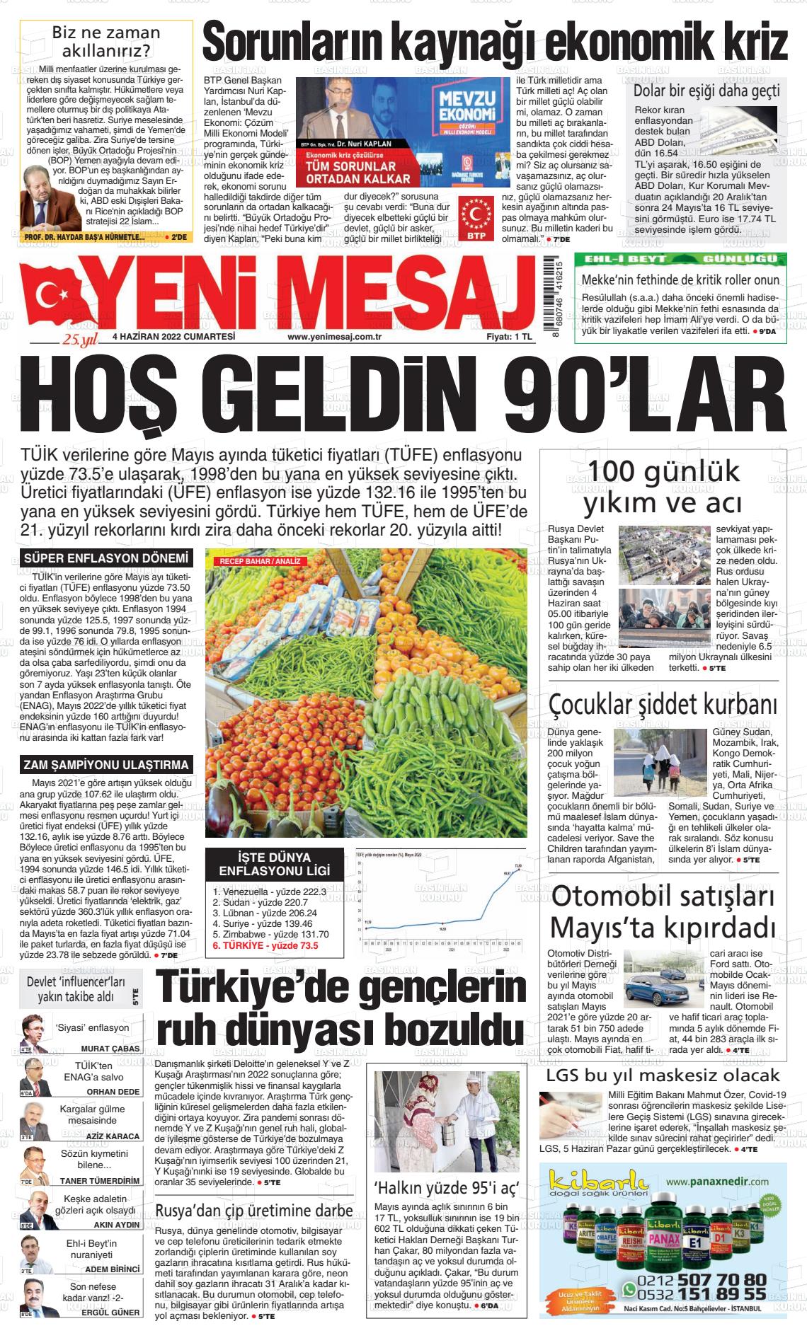 04 Haziran 2022 Yeni Mesaj Gazete Manşeti