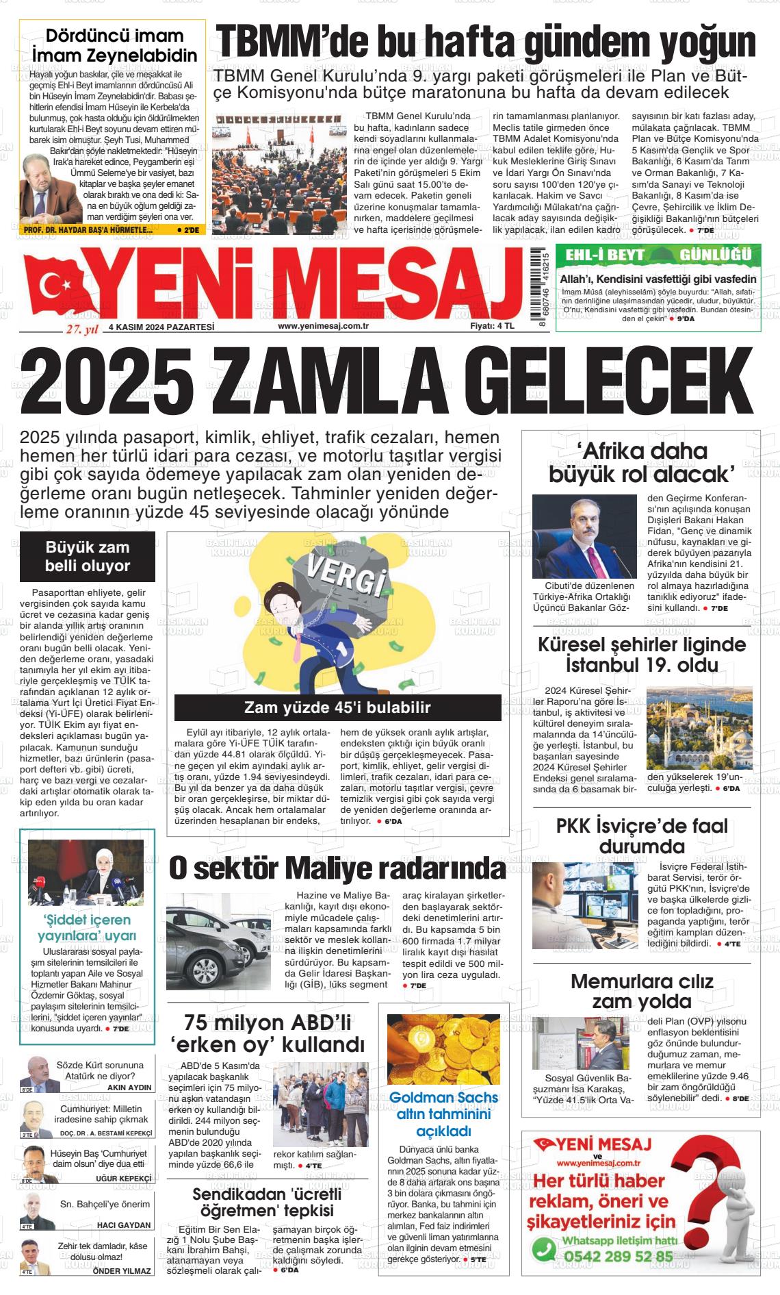 04 Kasım 2024 Yeni Mesaj Gazete Manşeti