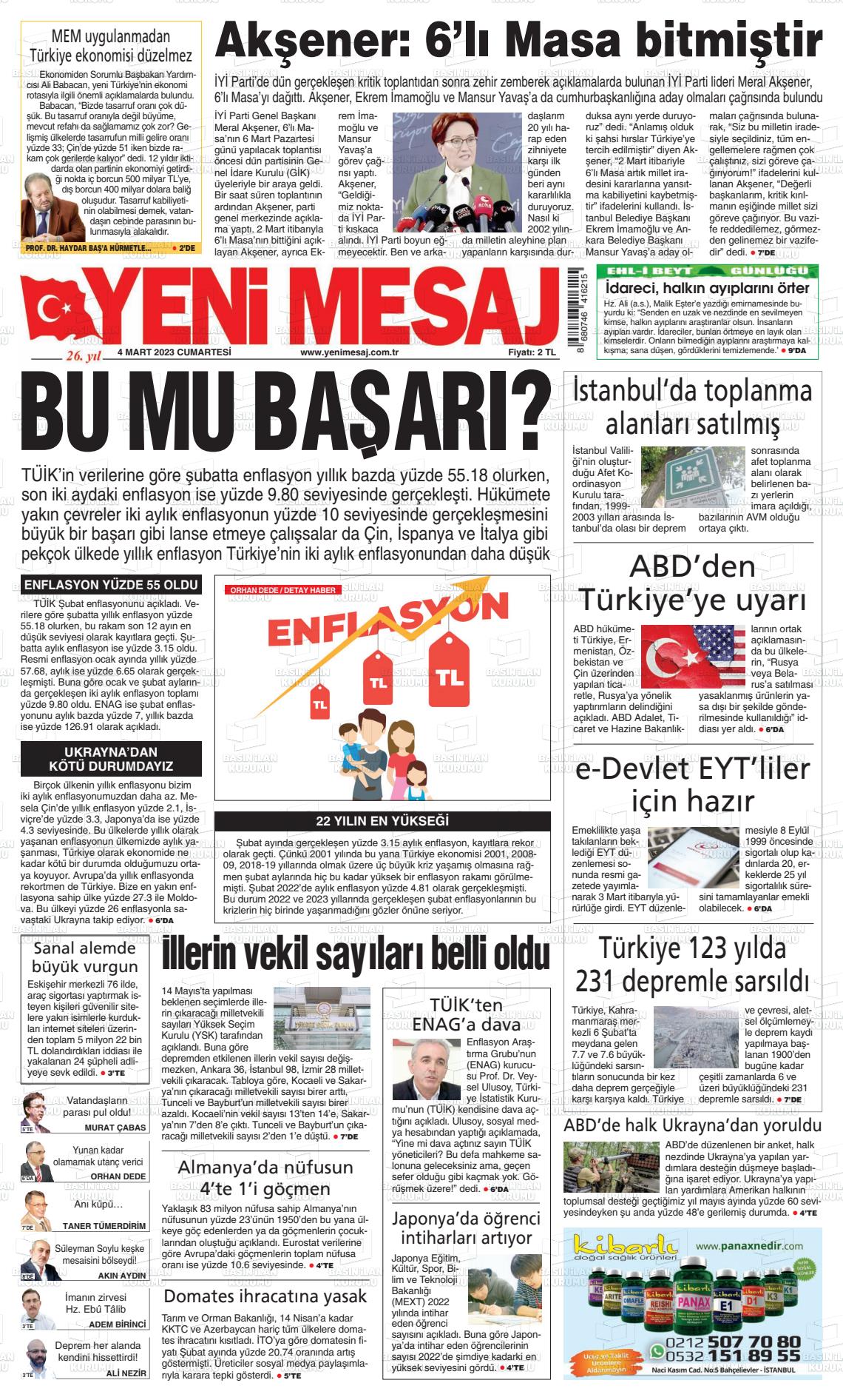 04 Mart 2023 Yeni Mesaj Gazete Manşeti