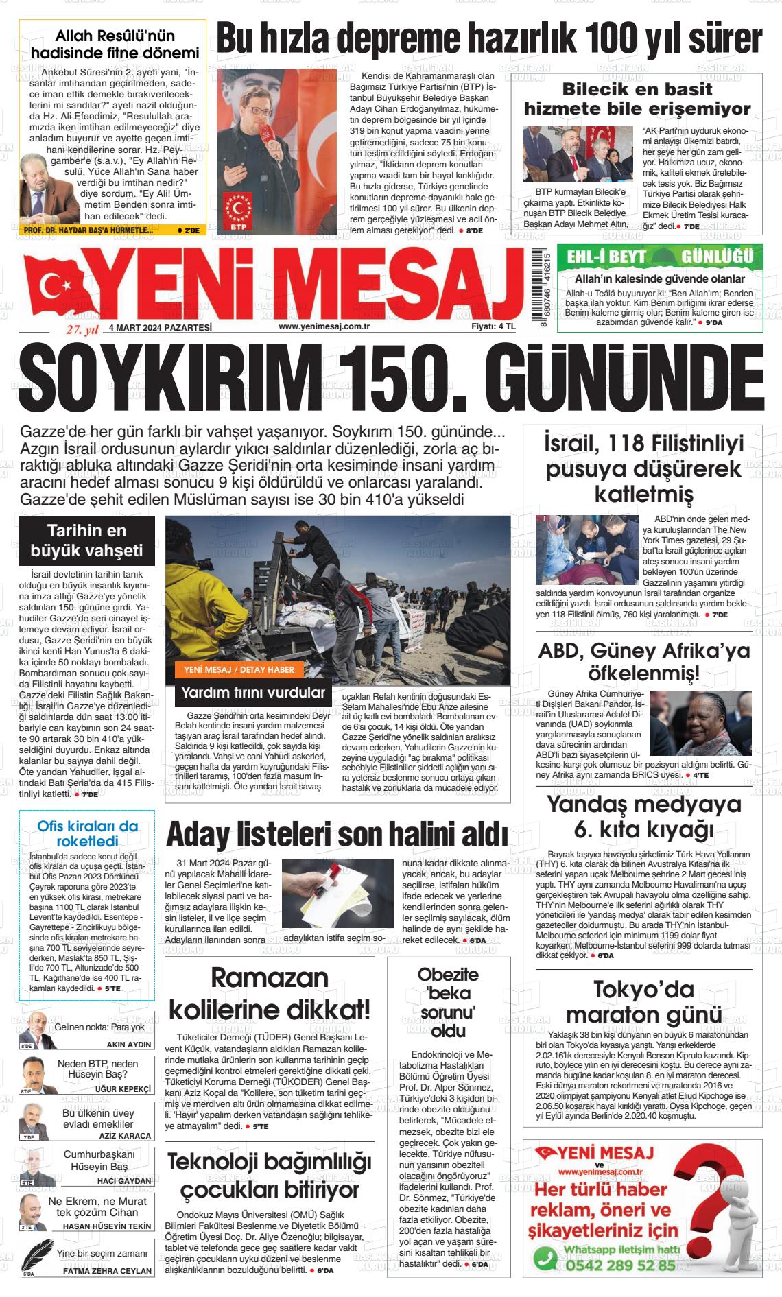 04 Mart 2024 Yeni Mesaj Gazete Manşeti