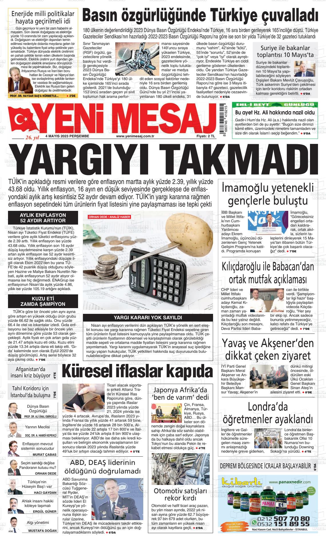 04 Mayıs 2023 Yeni Mesaj Gazete Manşeti