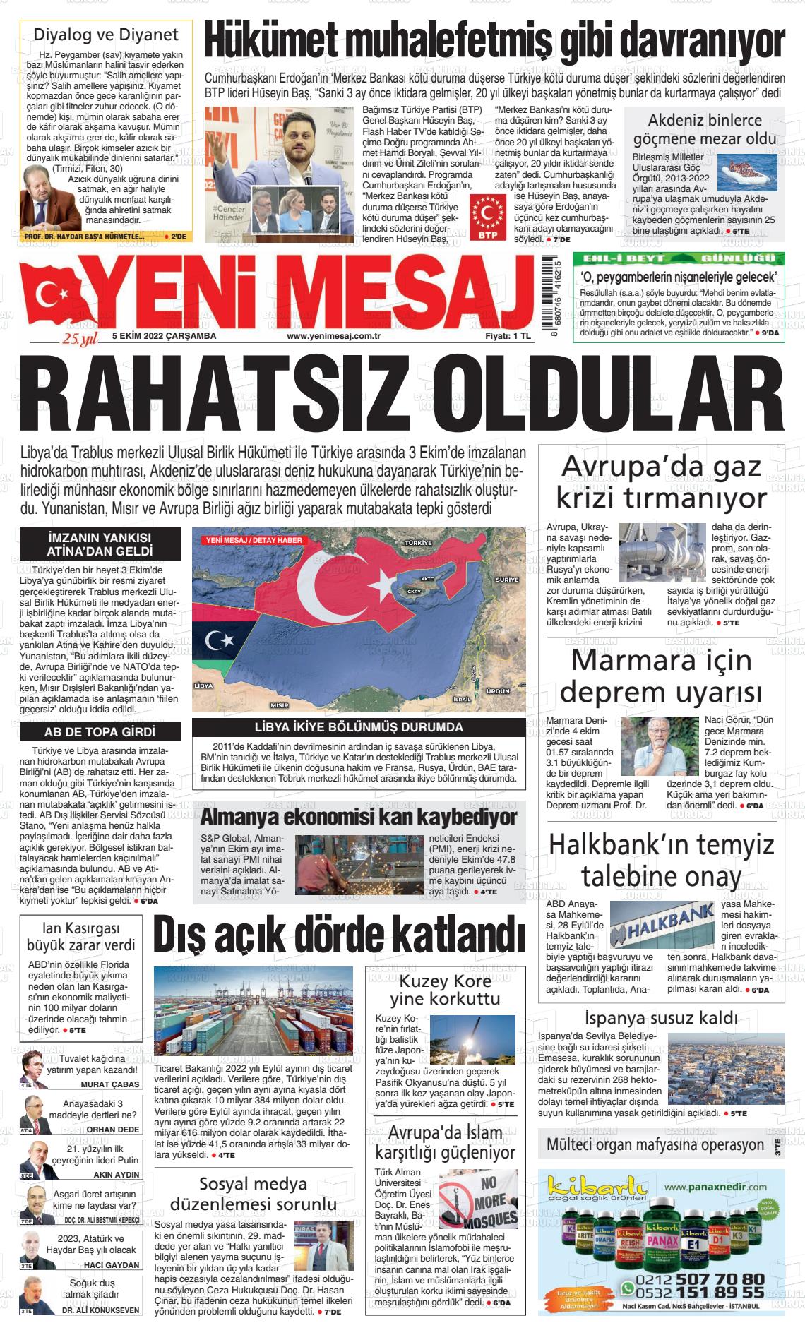 05 Ekim 2022 Yeni Mesaj Gazete Manşeti