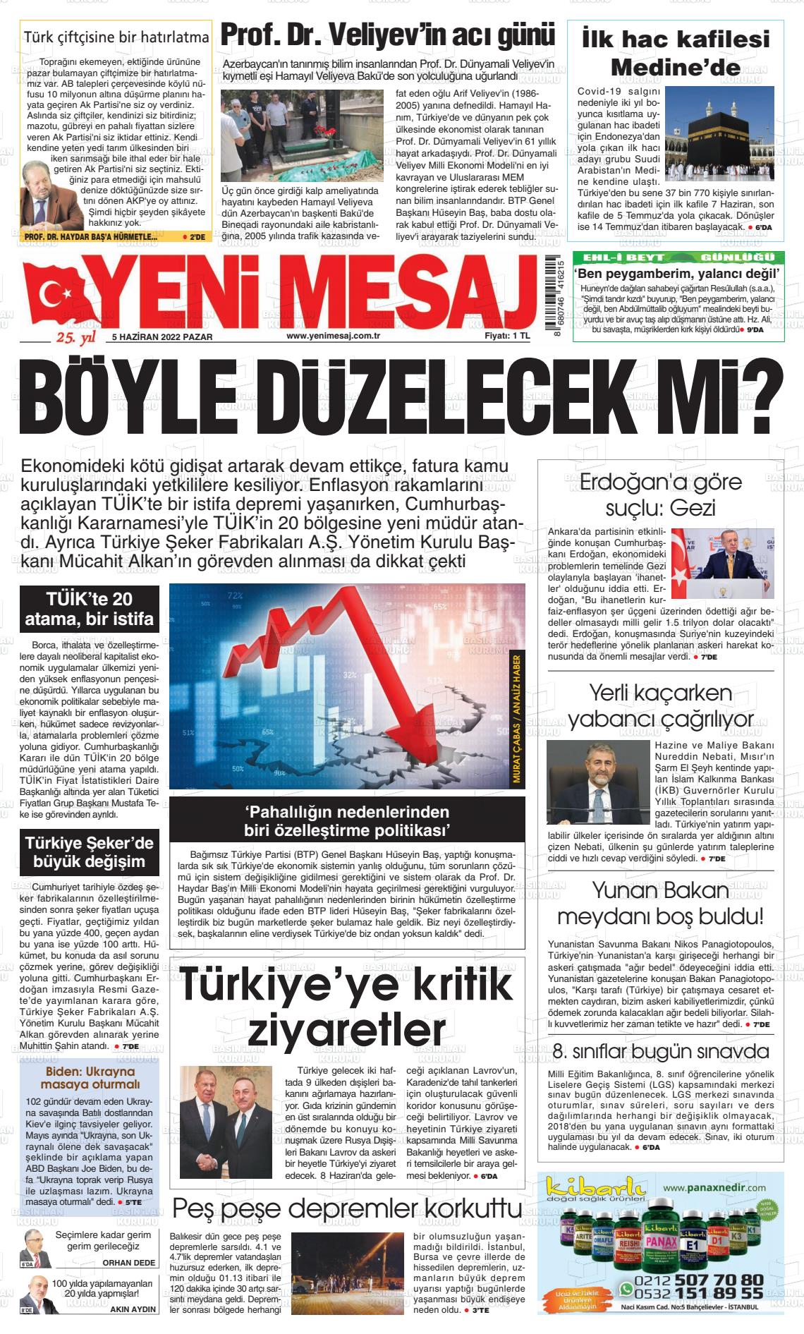 05 Haziran 2022 Yeni Mesaj Gazete Manşeti