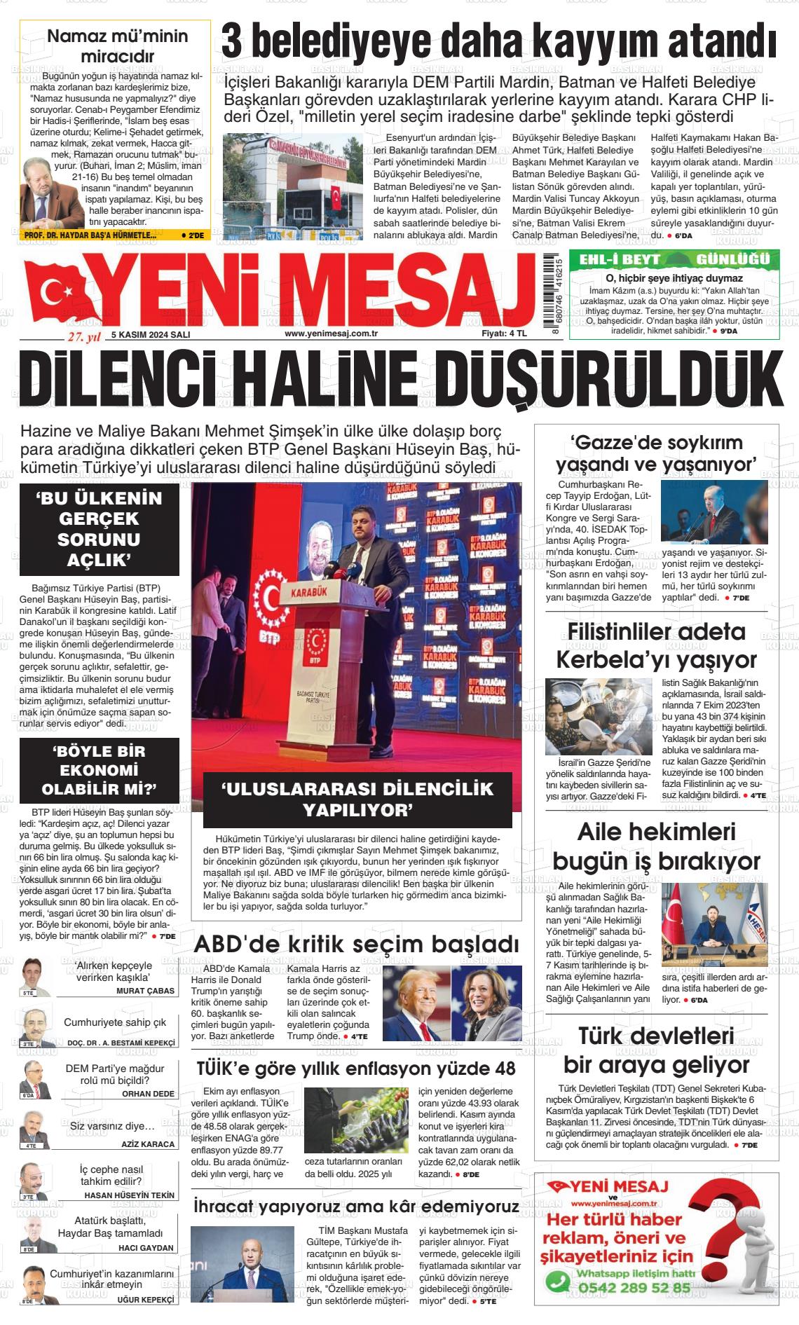 05 Kasım 2024 Yeni Mesaj Gazete Manşeti