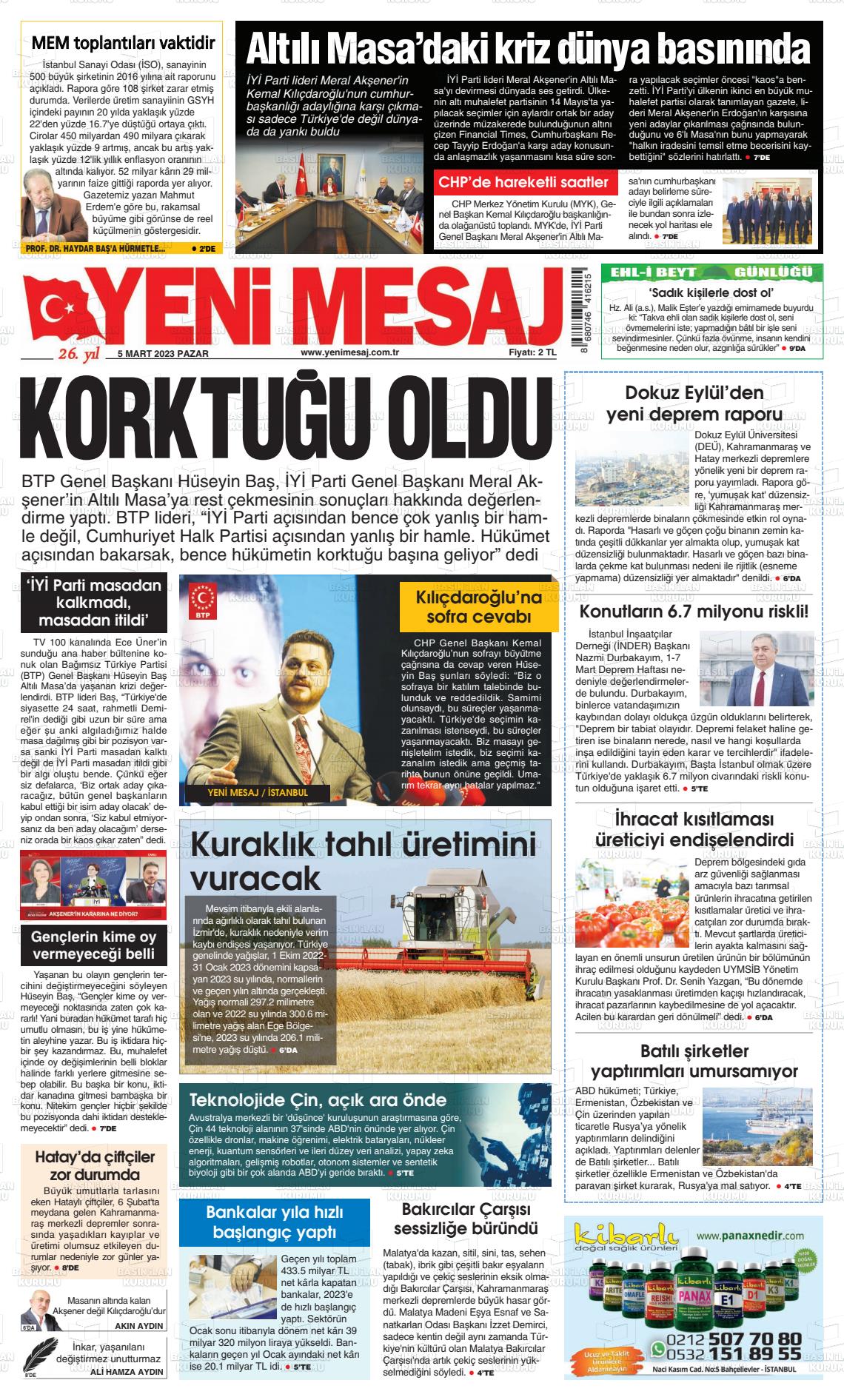 05 Mart 2023 Yeni Mesaj Gazete Manşeti