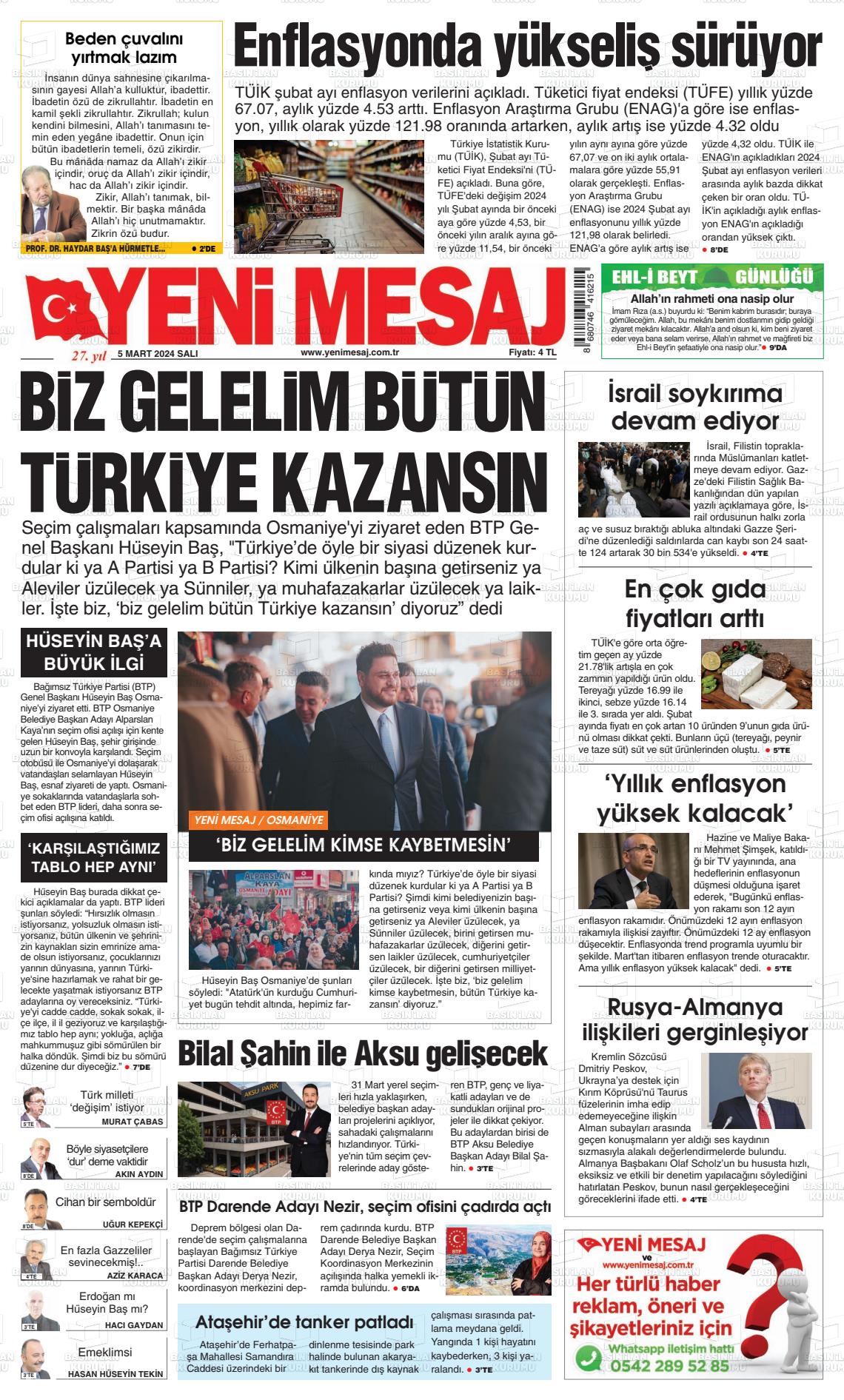 05 Mart 2024 Yeni Mesaj Gazete Manşeti