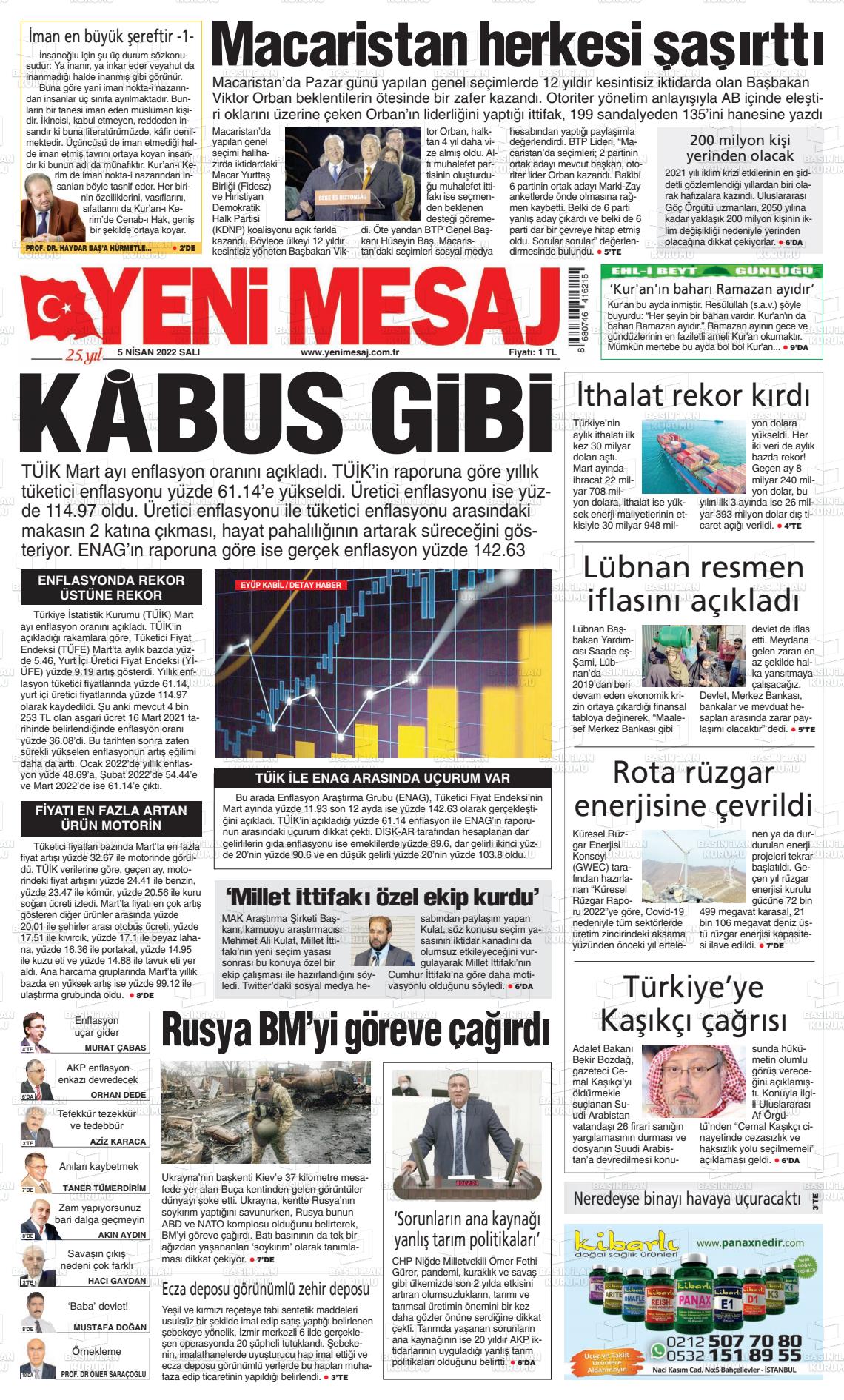 05 Nisan 2022 Yeni Mesaj Gazete Manşeti