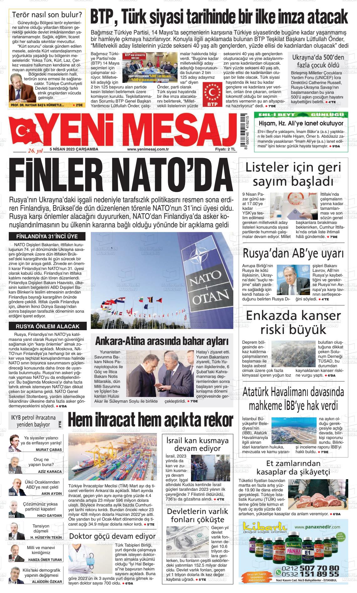 05 Nisan 2023 Yeni Mesaj Gazete Manşeti