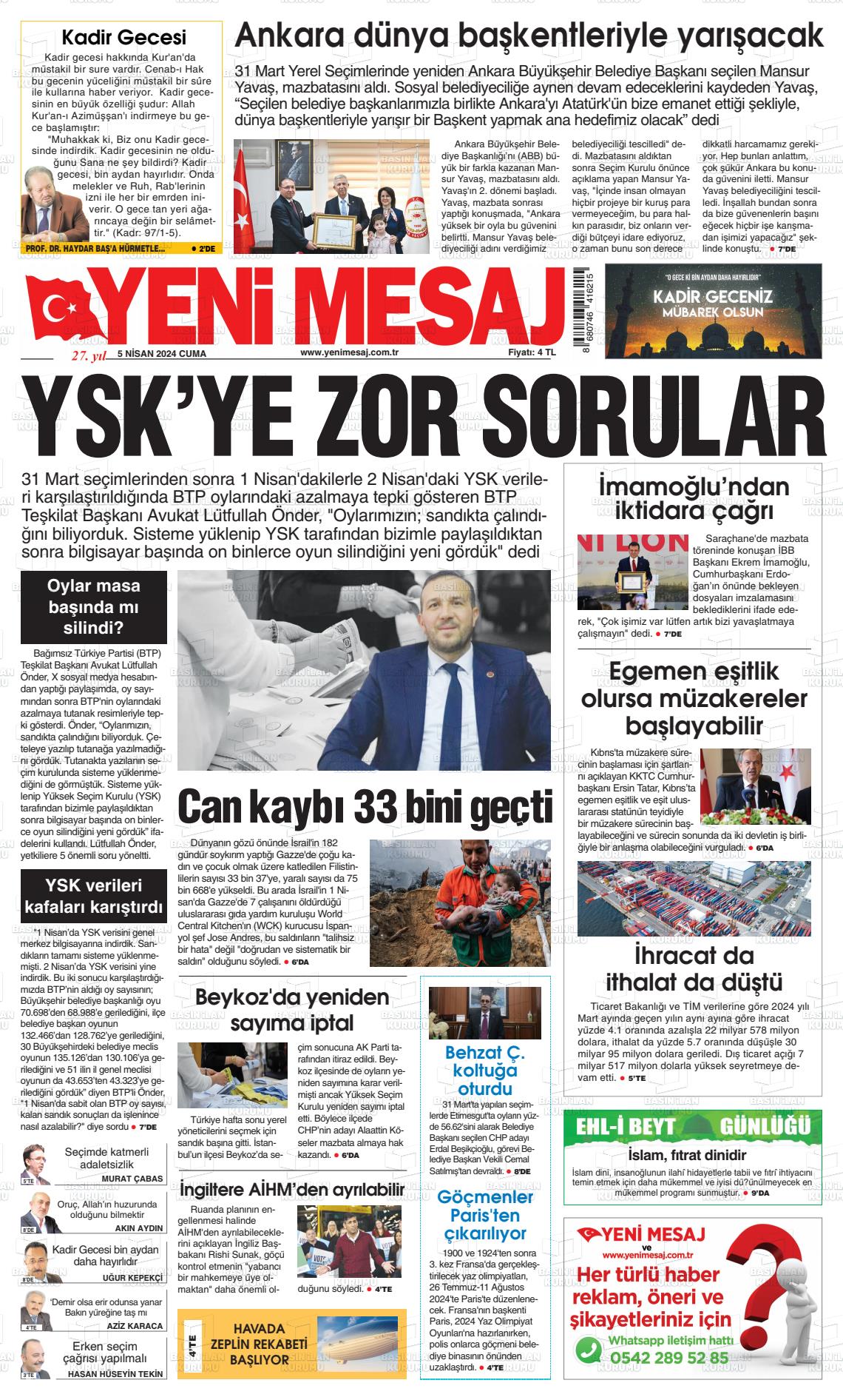 05 Nisan 2024 Yeni Mesaj Gazete Manşeti