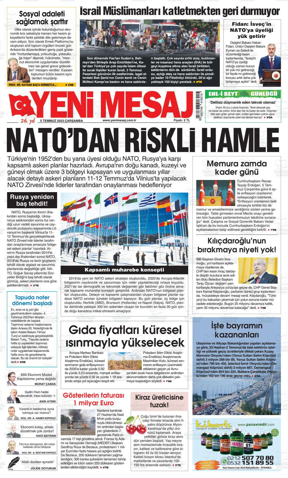 05 Temmuz 2023 Yeni Mesaj Gazete Manşeti