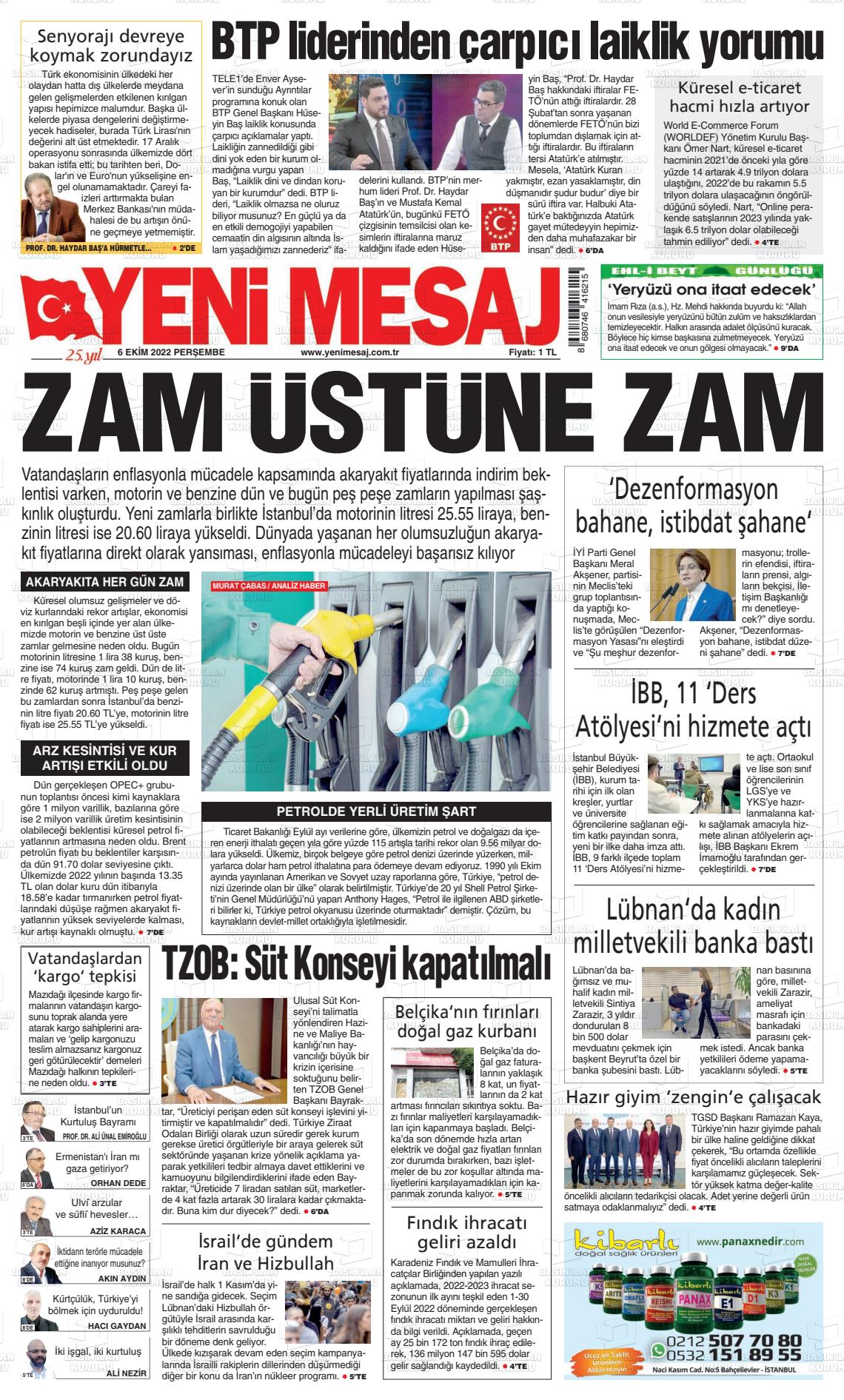 06 Ekim 2022 Yeni Mesaj Gazete Manşeti