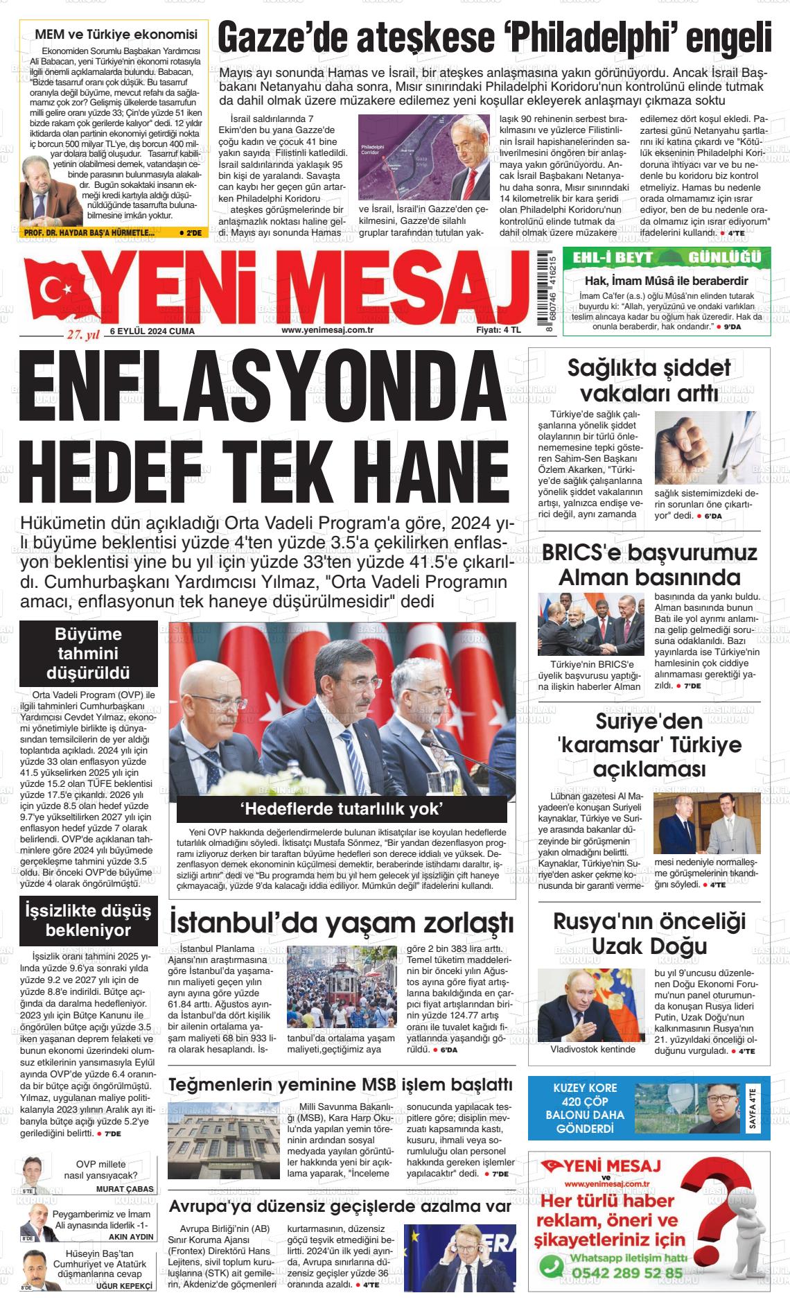 06 Eylül 2024 Yeni Mesaj Gazete Manşeti