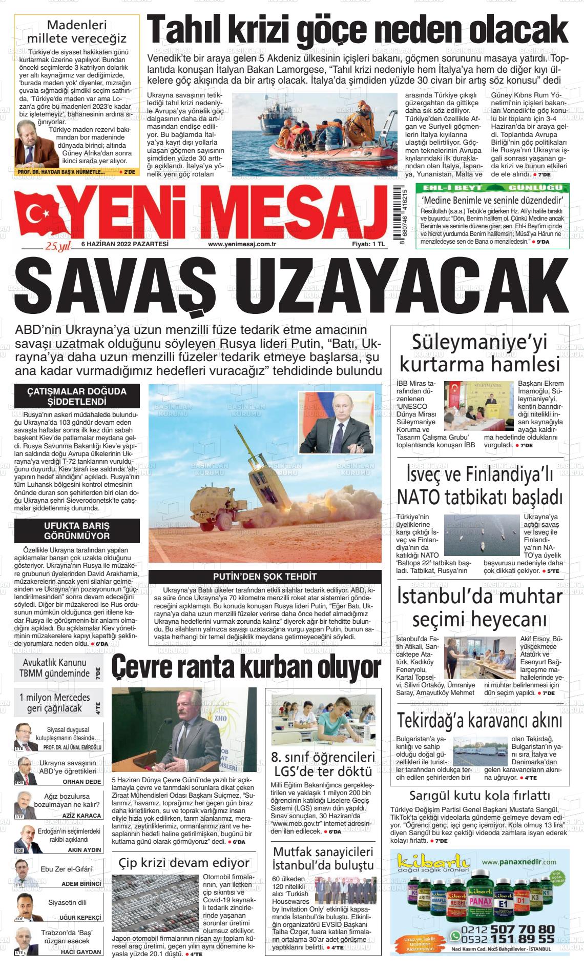 06 Haziran 2022 Yeni Mesaj Gazete Manşeti