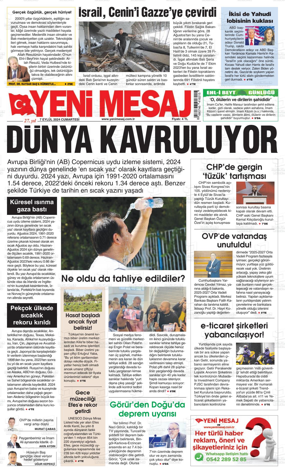 07 Eylül 2024 Yeni Mesaj Gazete Manşeti