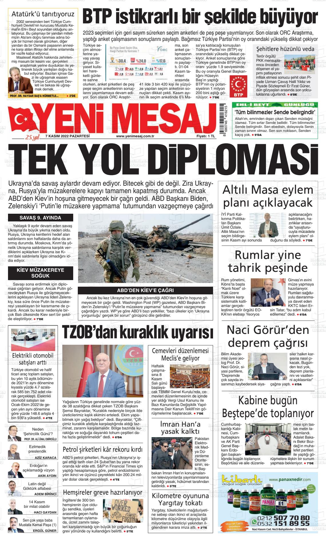 07 Kasım 2022 Yeni Mesaj Gazete Manşeti