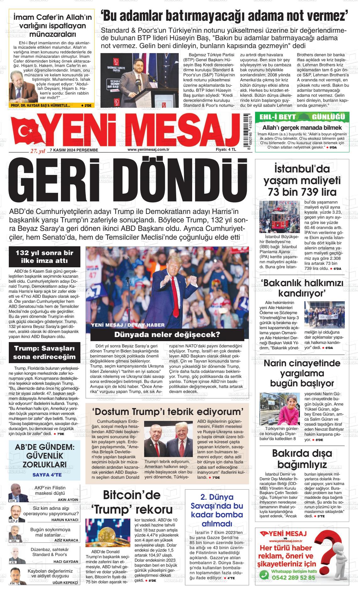 07 Kasım 2024 Yeni Mesaj Gazete Manşeti