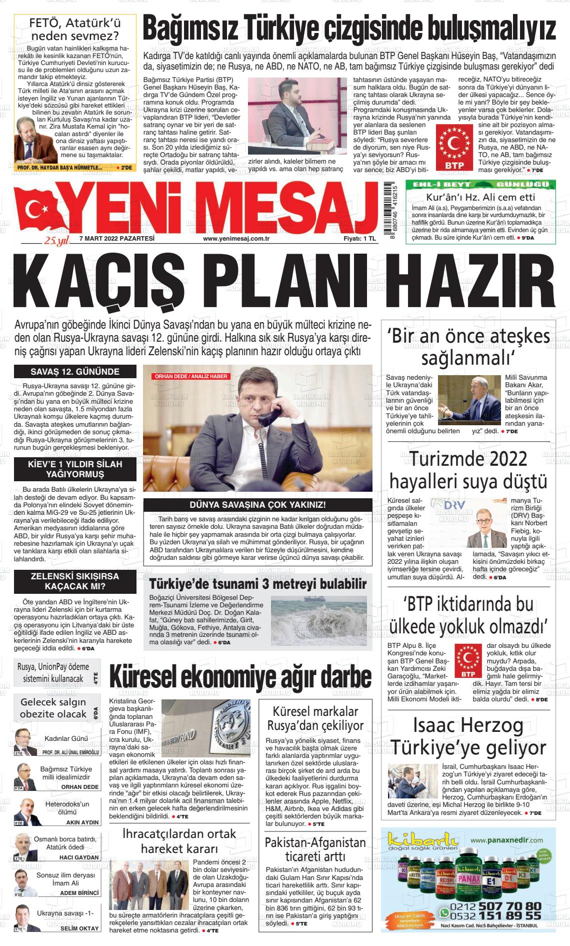 07 Mart 2022 Yeni Mesaj Gazete Manşeti