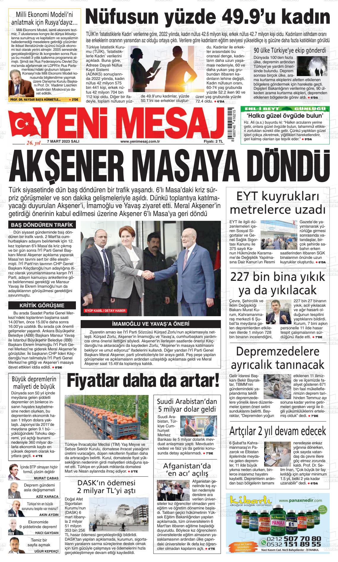 07 Mart 2023 Yeni Mesaj Gazete Manşeti