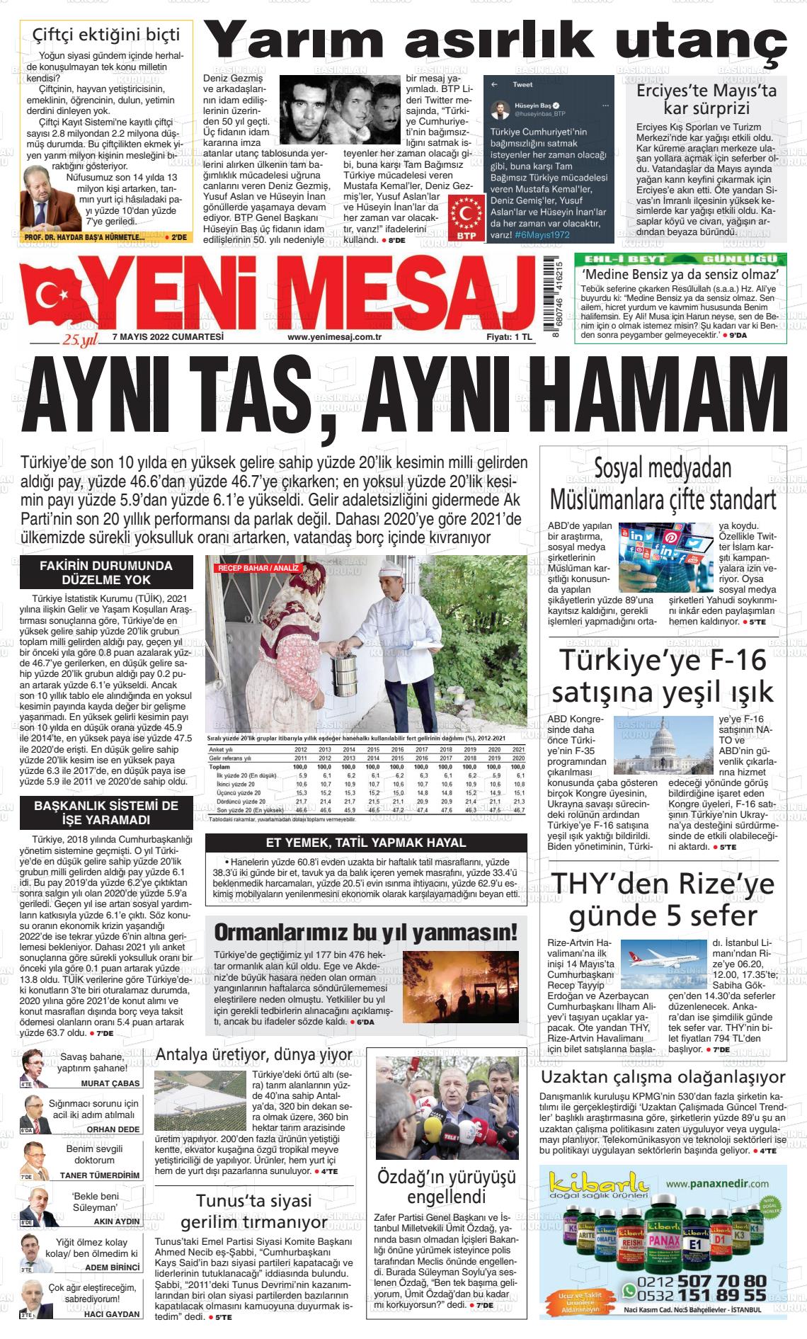 07 Mayıs 2022 Yeni Mesaj Gazete Manşeti