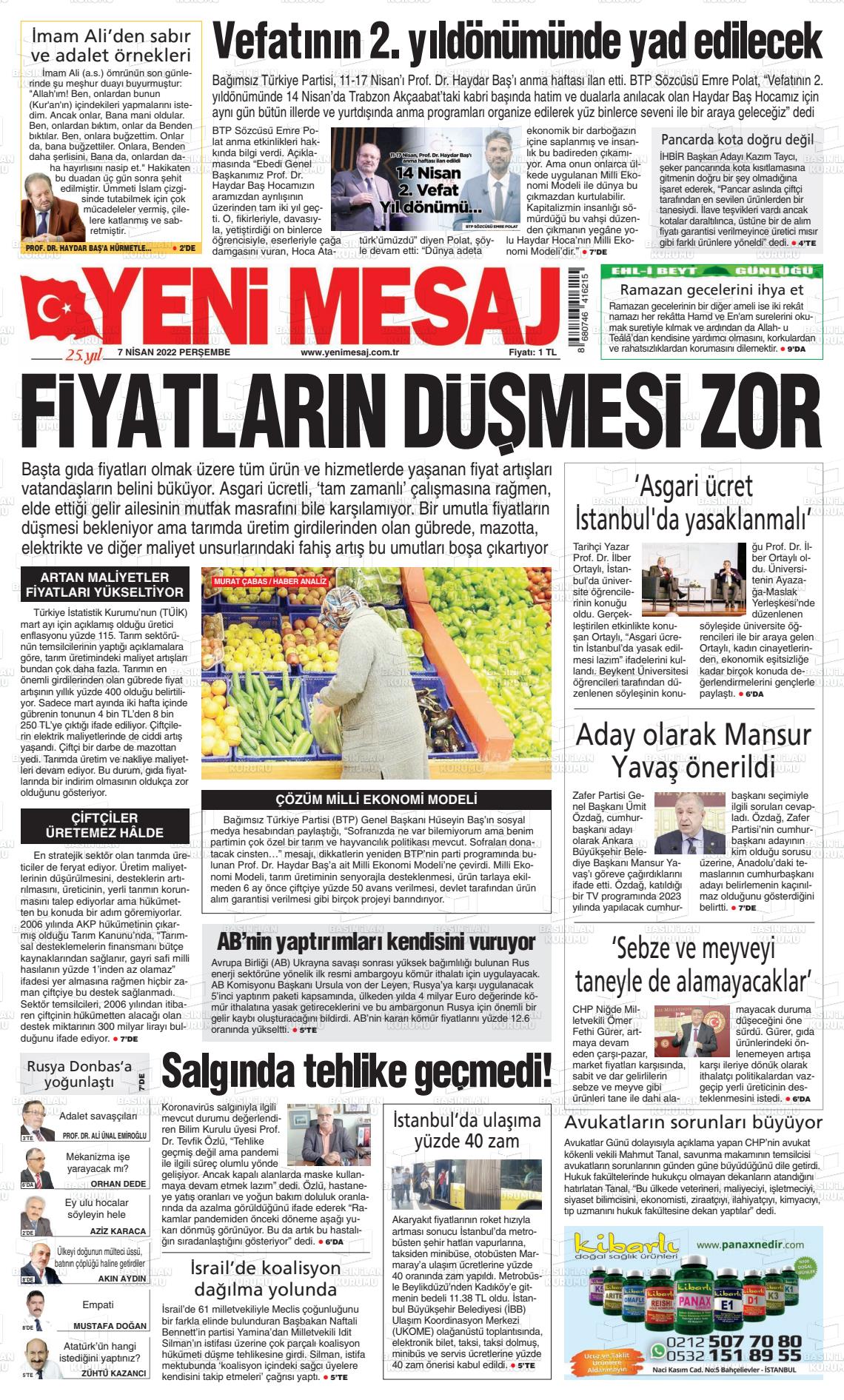 07 Nisan 2022 Yeni Mesaj Gazete Manşeti