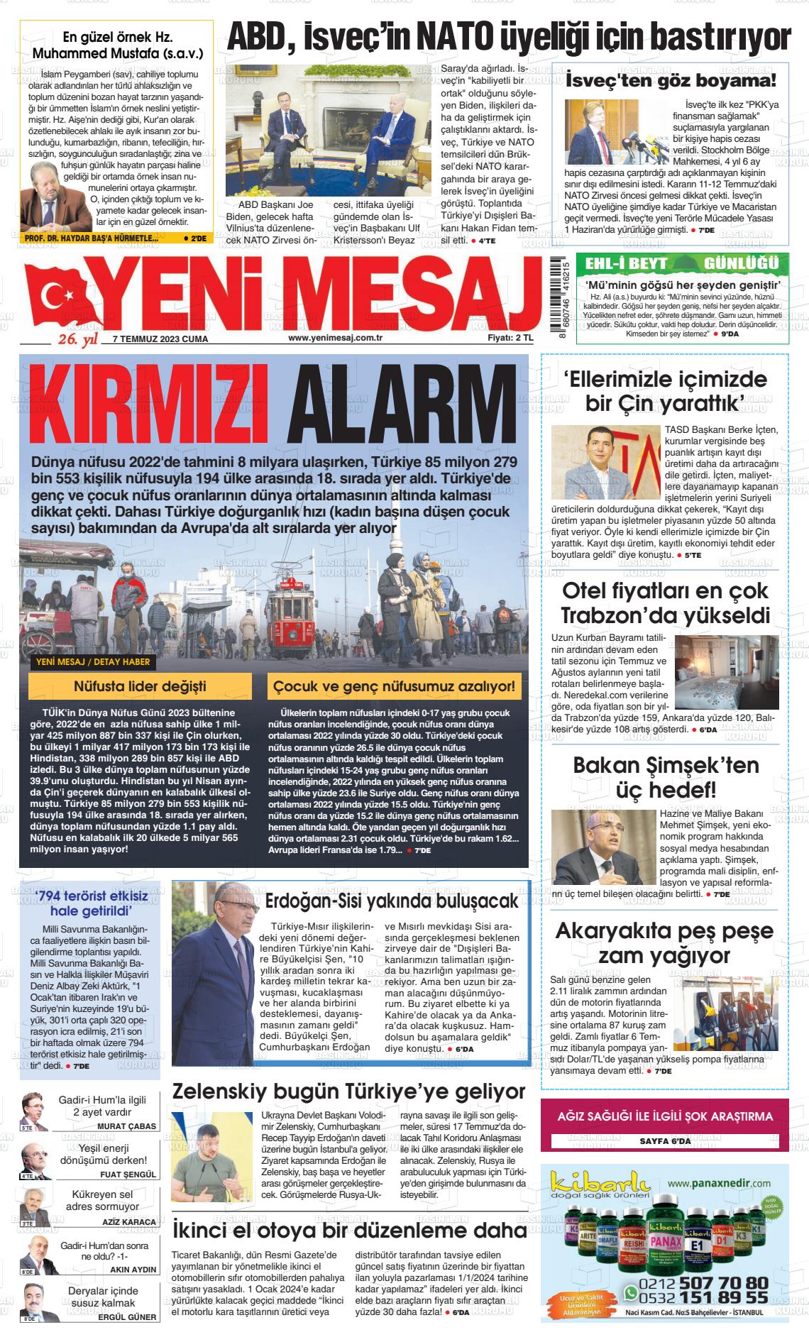 07 Temmuz 2023 Yeni Mesaj Gazete Manşeti