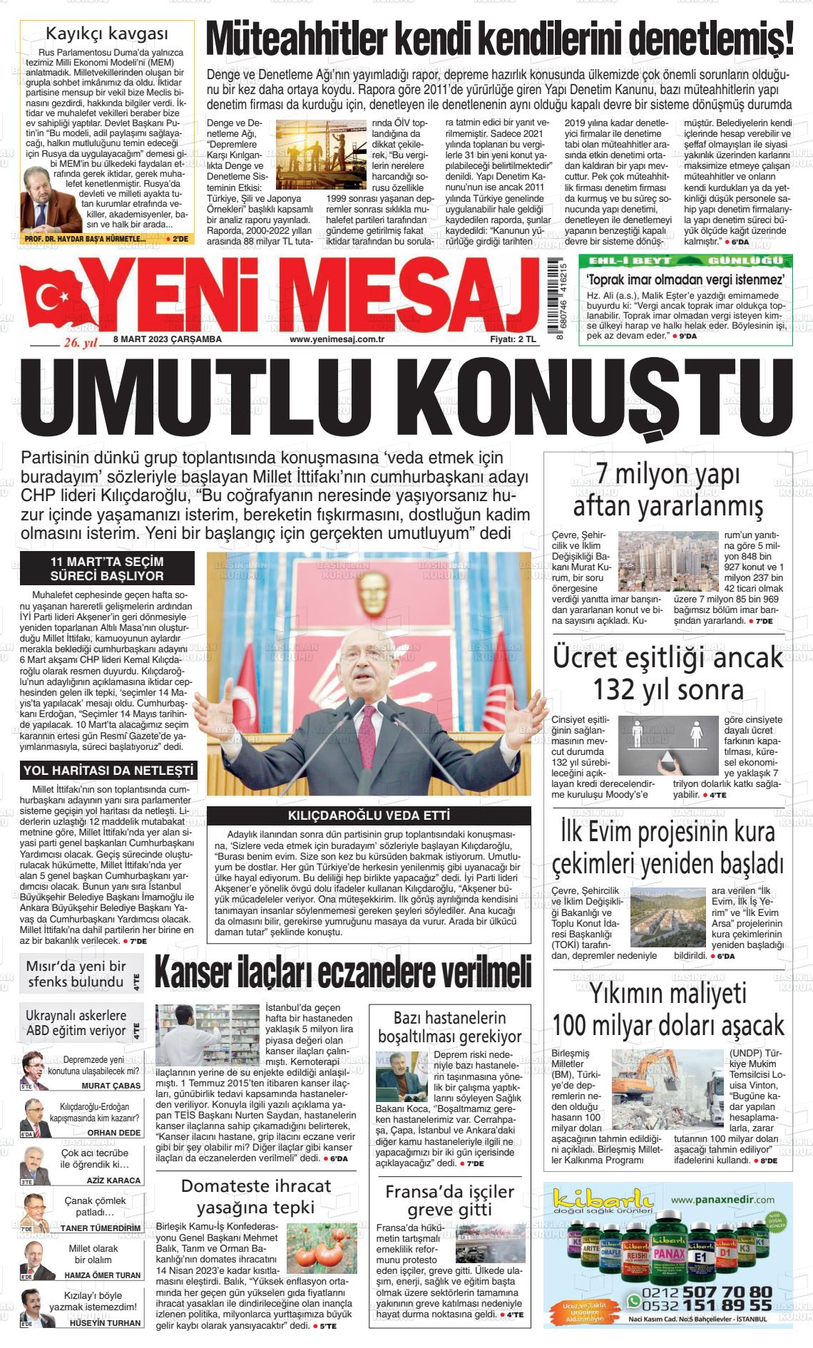 08 Mart 2023 Yeni Mesaj Gazete Manşeti