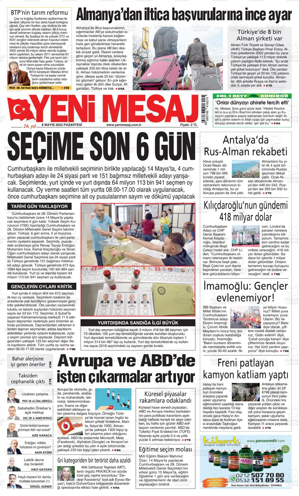 08 Mayıs 2023 Yeni Mesaj Gazete Manşeti