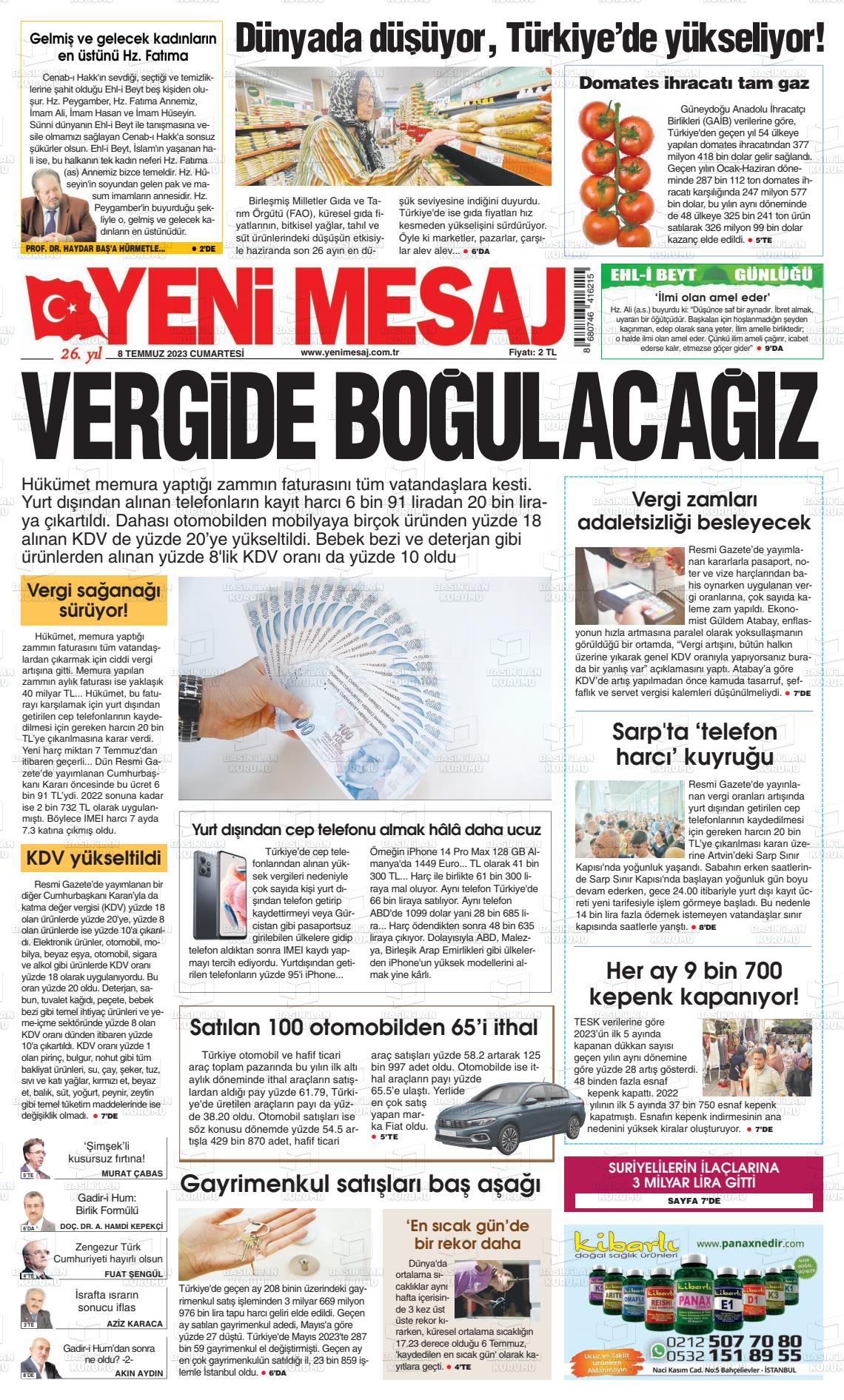 08 Temmuz 2023 Yeni Mesaj Gazete Manşeti