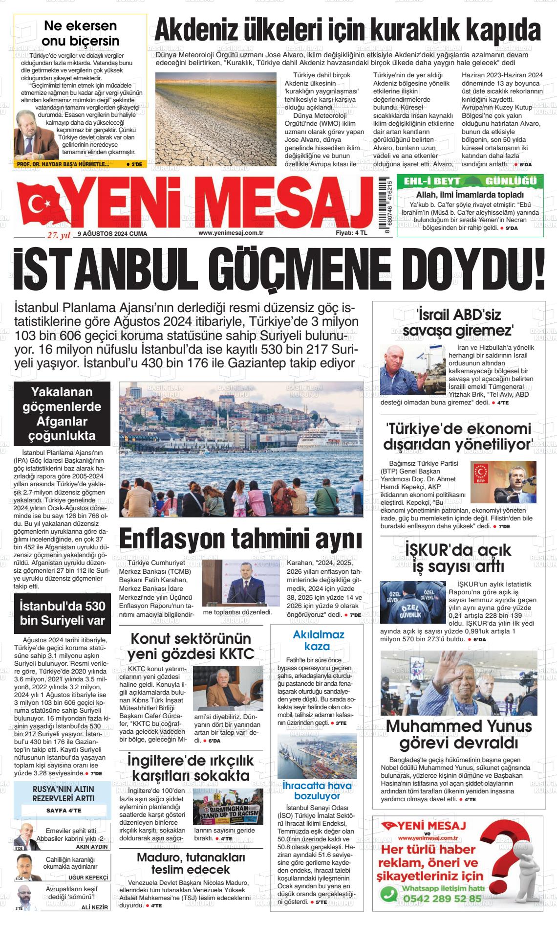 09 Ağustos 2024 Yeni Mesaj Gazete Manşeti