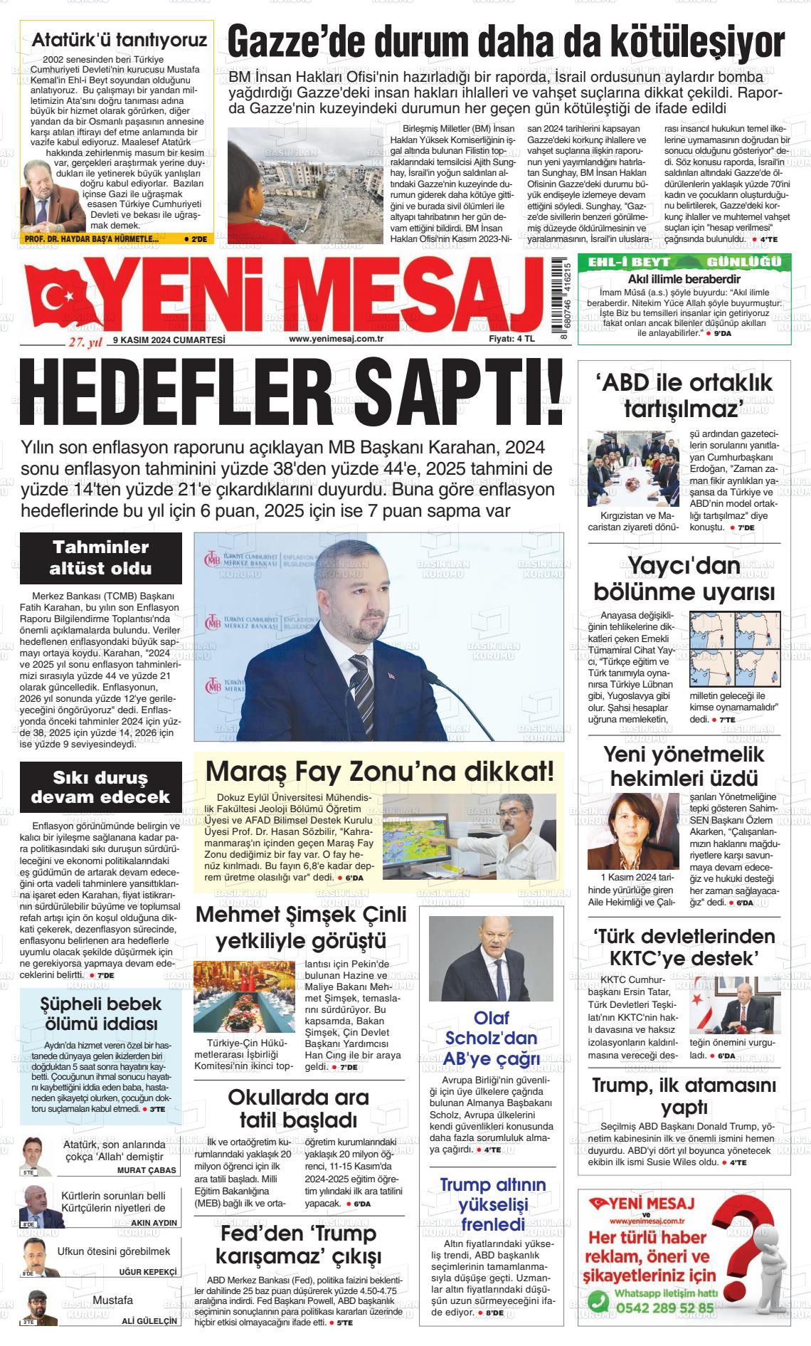 09 Kasım 2024 Yeni Mesaj Gazete Manşeti