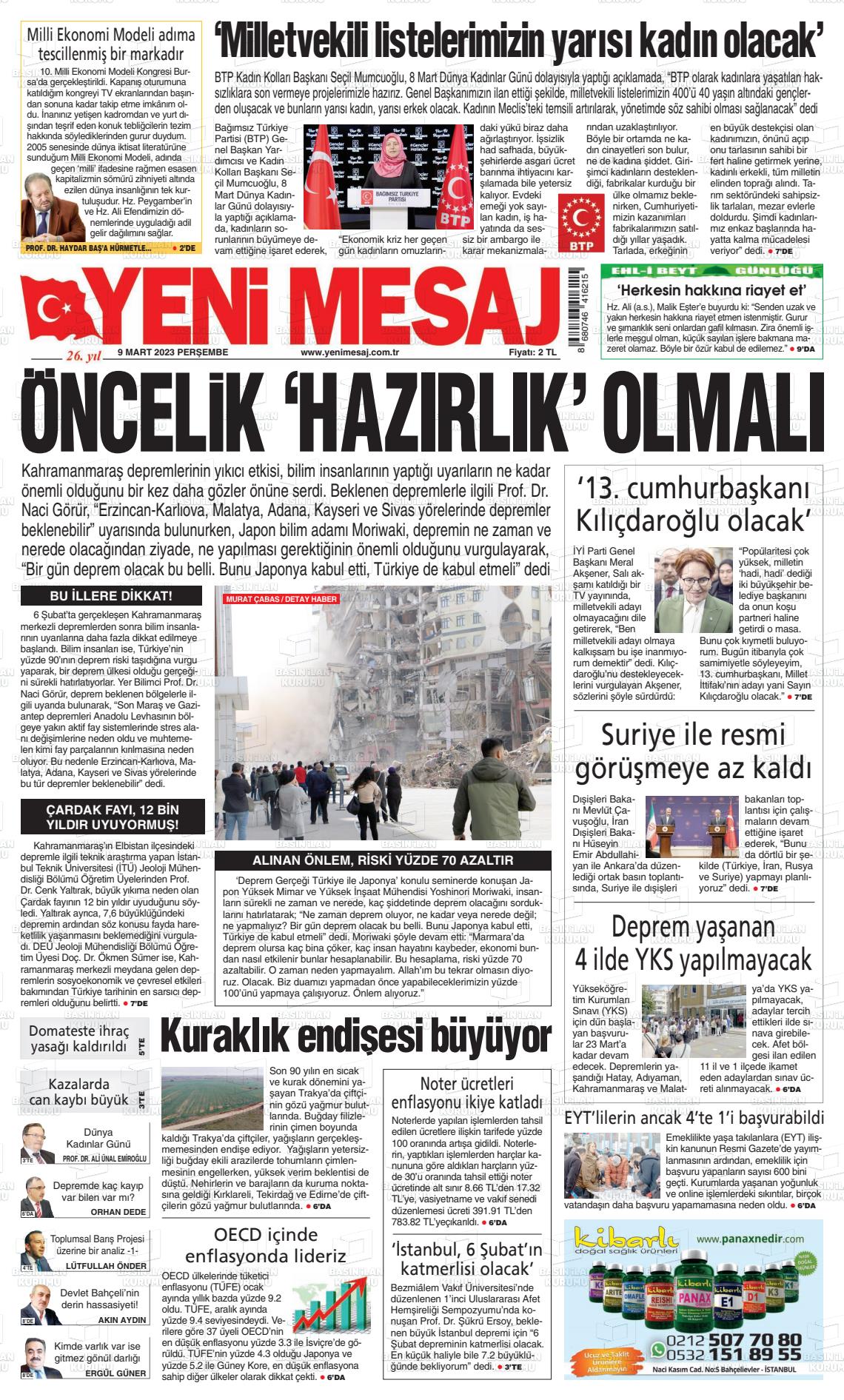 09 Mart 2023 Yeni Mesaj Gazete Manşeti