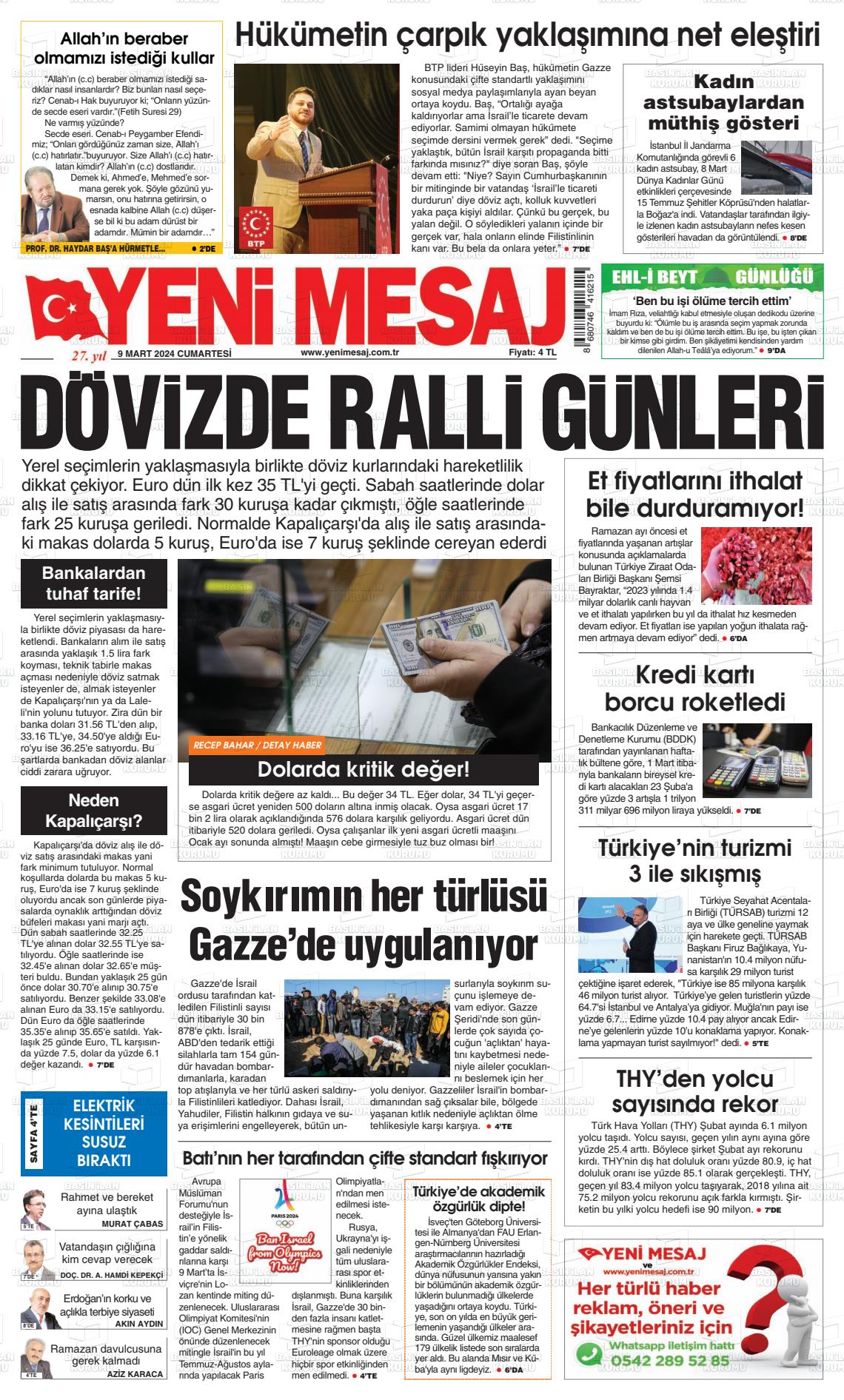 09 Mart 2024 Yeni Mesaj Gazete Manşeti