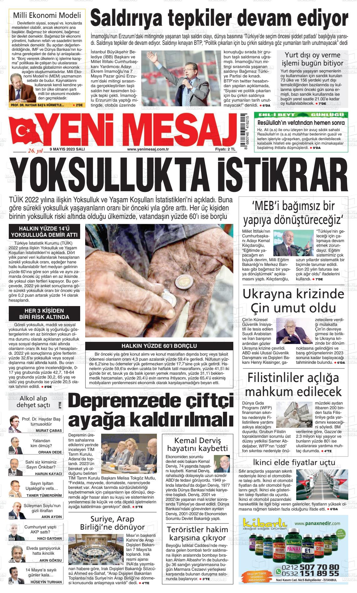 09 Mayıs 2023 Yeni Mesaj Gazete Manşeti