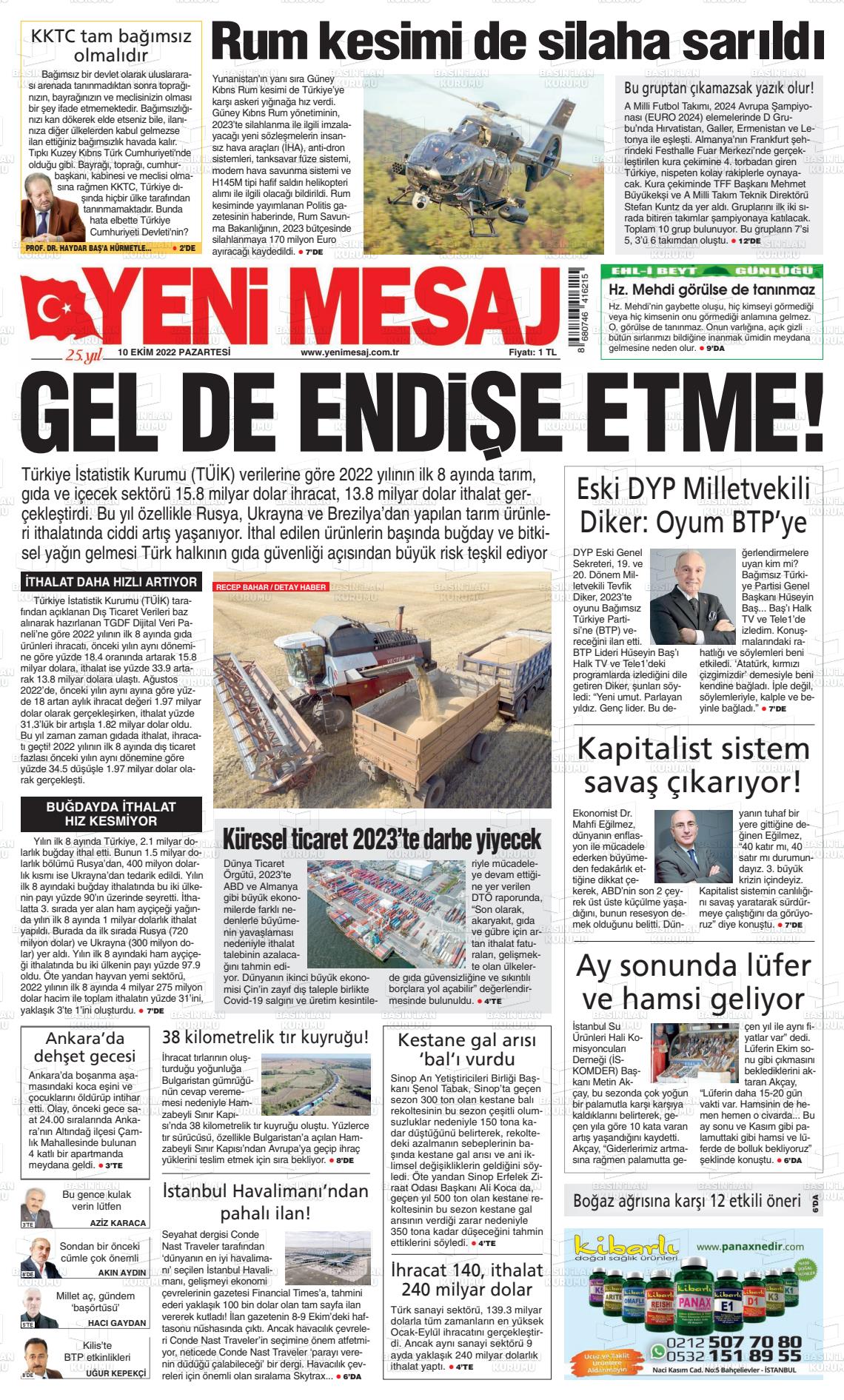 10 Ekim 2022 Yeni Mesaj Gazete Manşeti