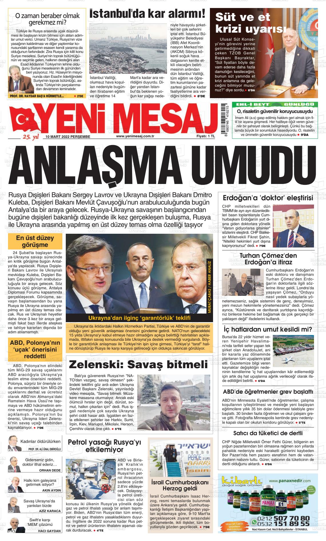 10 Mart 2022 Yeni Mesaj Gazete Manşeti