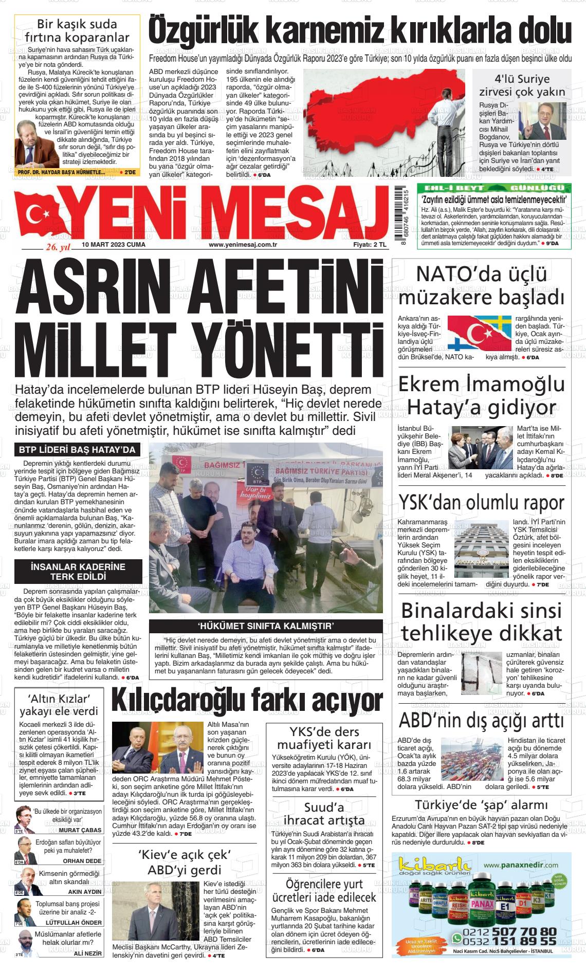 10 Mart 2023 Yeni Mesaj Gazete Manşeti