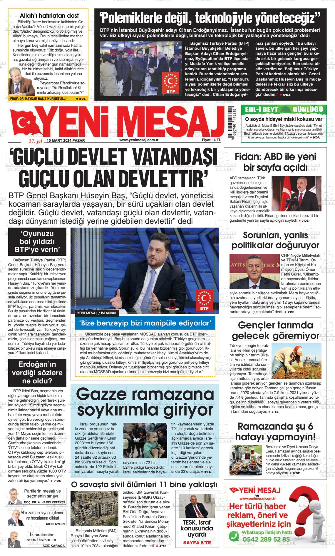 10 Mart 2024 Yeni Mesaj Gazete Manşeti