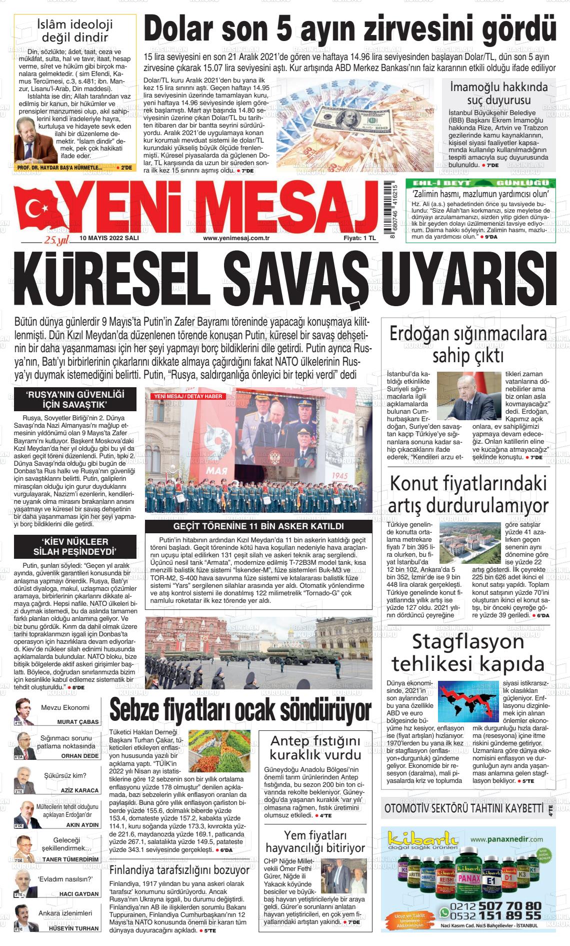 10 Mayıs 2022 Yeni Mesaj Gazete Manşeti