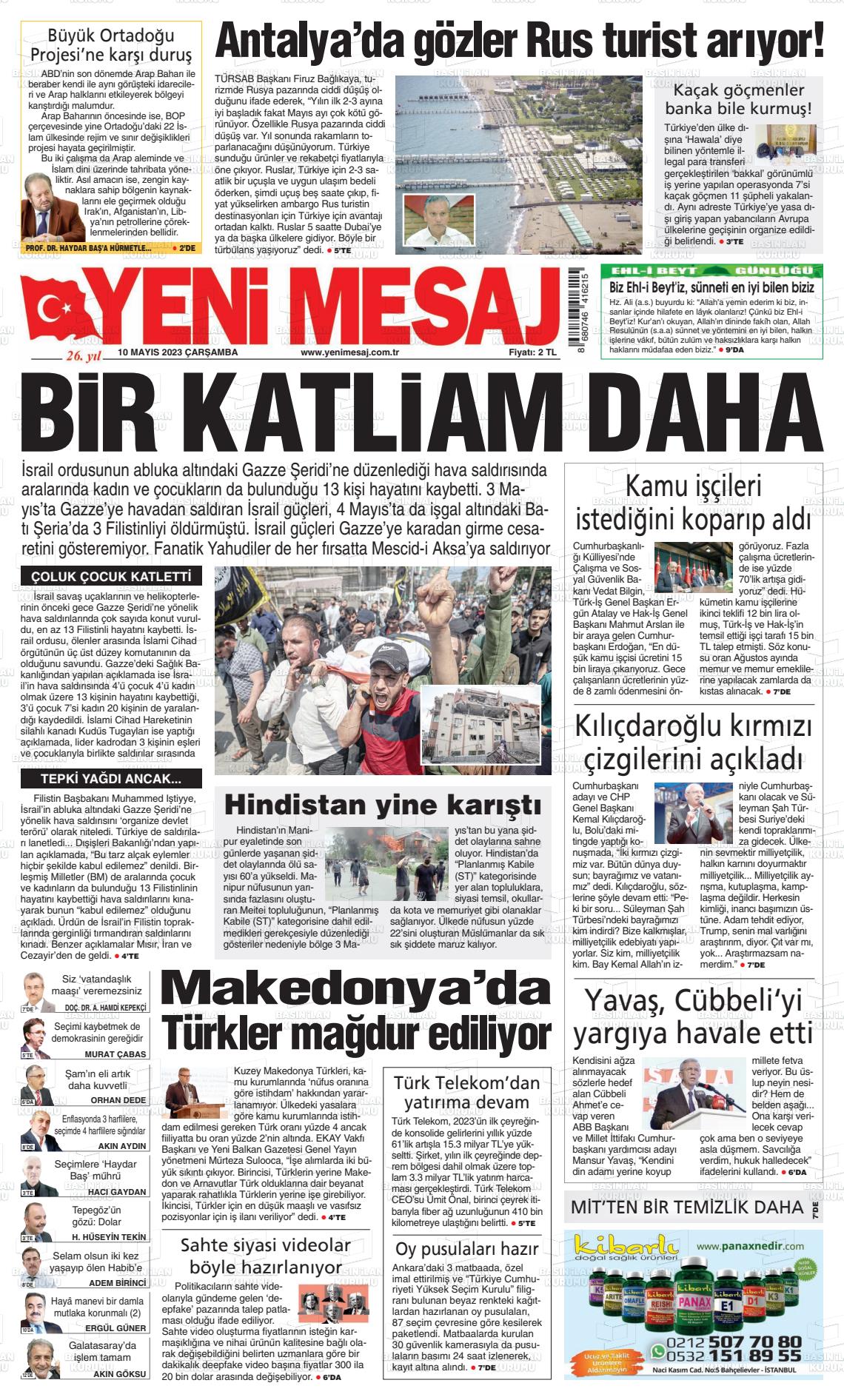 10 Mayıs 2023 Yeni Mesaj Gazete Manşeti