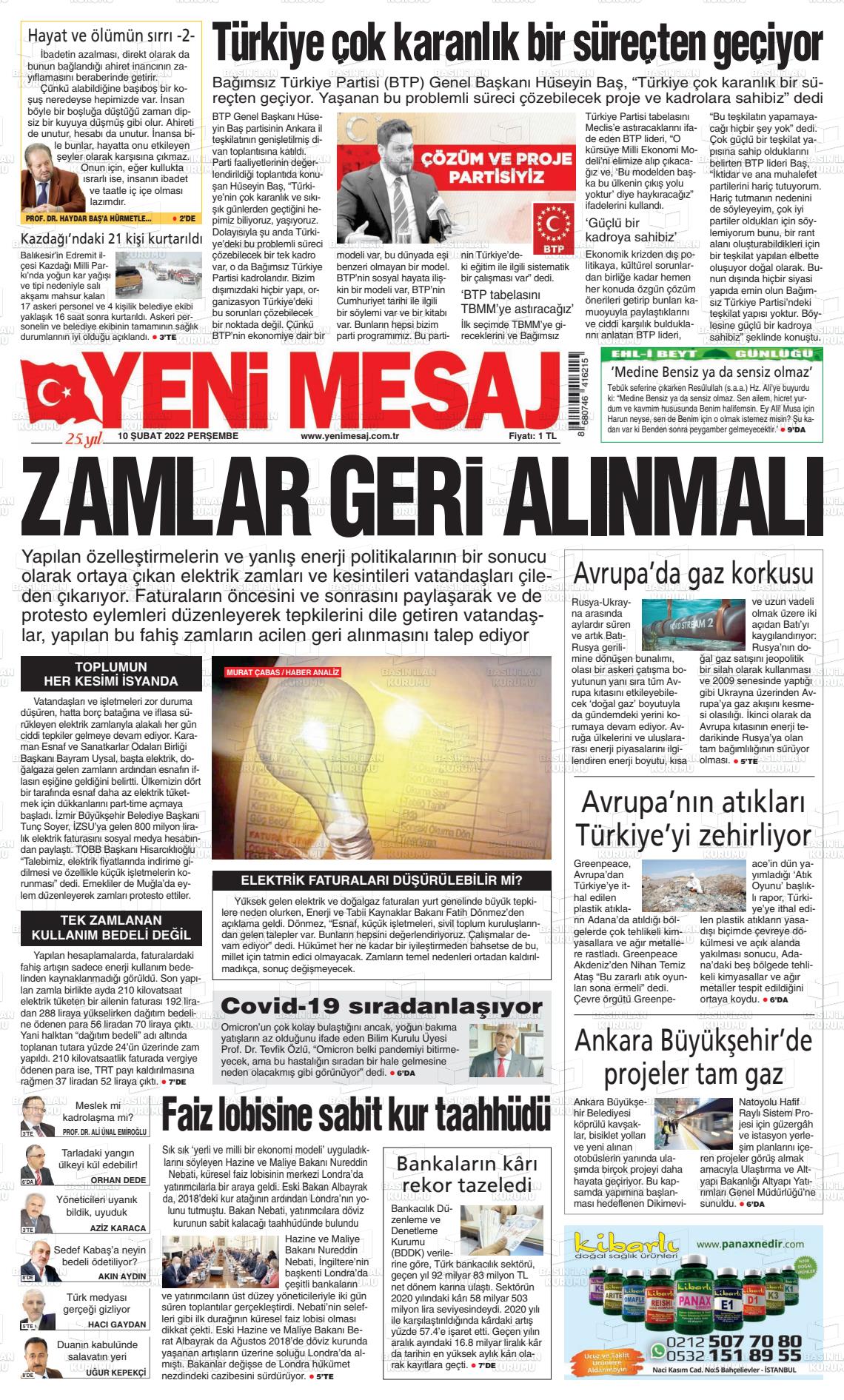 10 Şubat 2022 Yeni Mesaj Gazete Manşeti