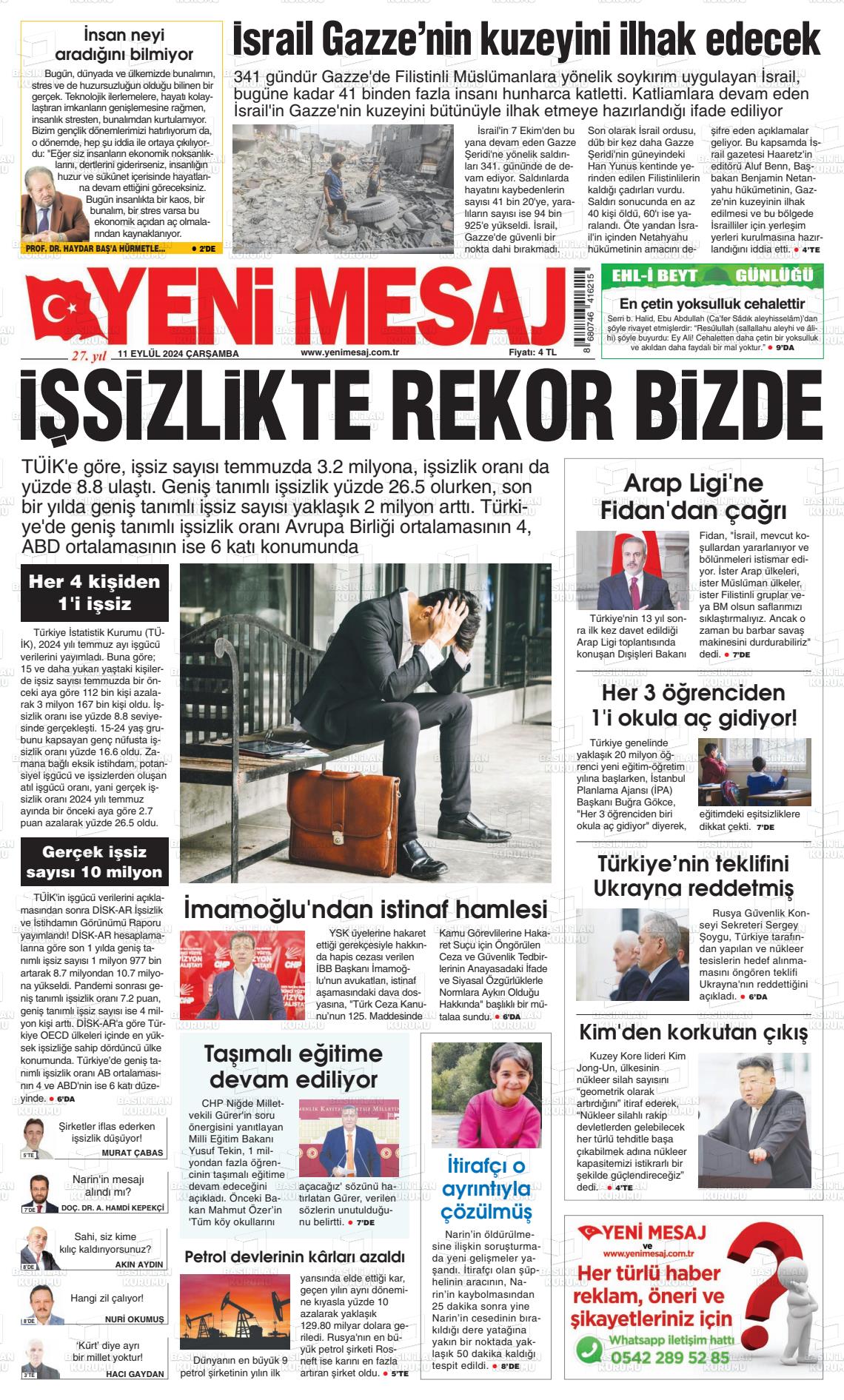 11 Eylül 2024 Yeni Mesaj Gazete Manşeti