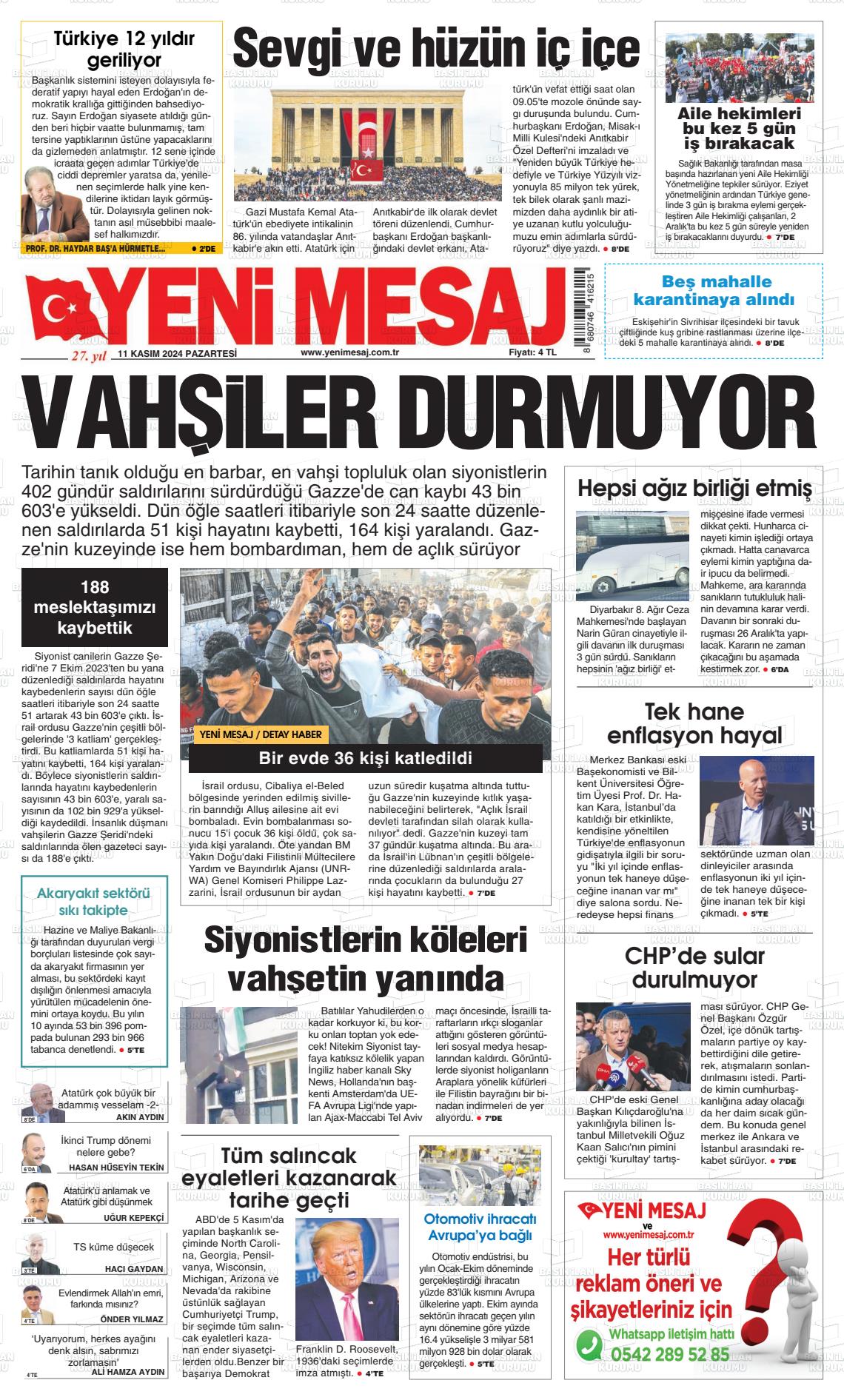 11 Kasım 2024 Yeni Mesaj Gazete Manşeti