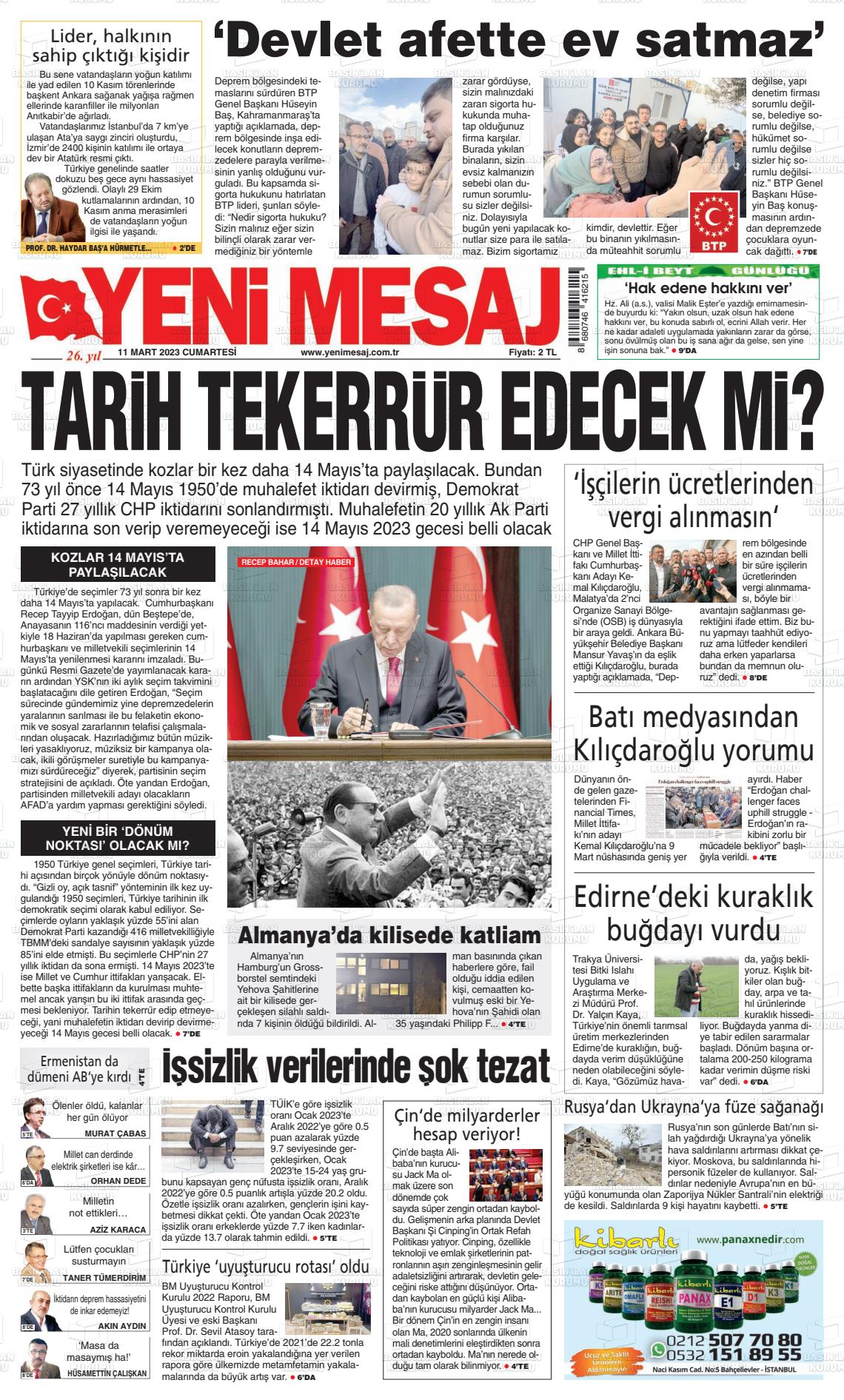 11 Mart 2023 Yeni Mesaj Gazete Manşeti