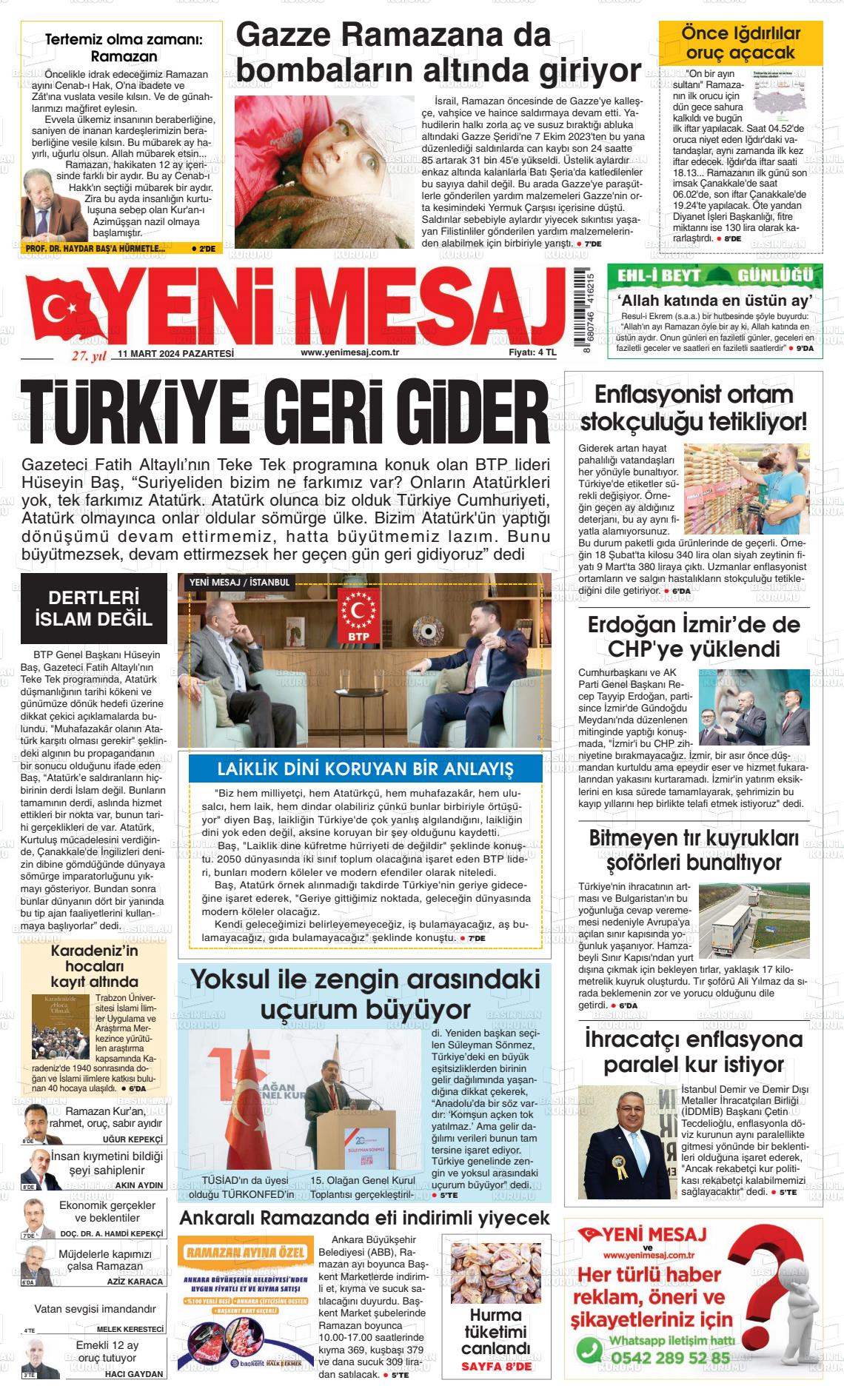 11 Mart 2024 Yeni Mesaj Gazete Manşeti