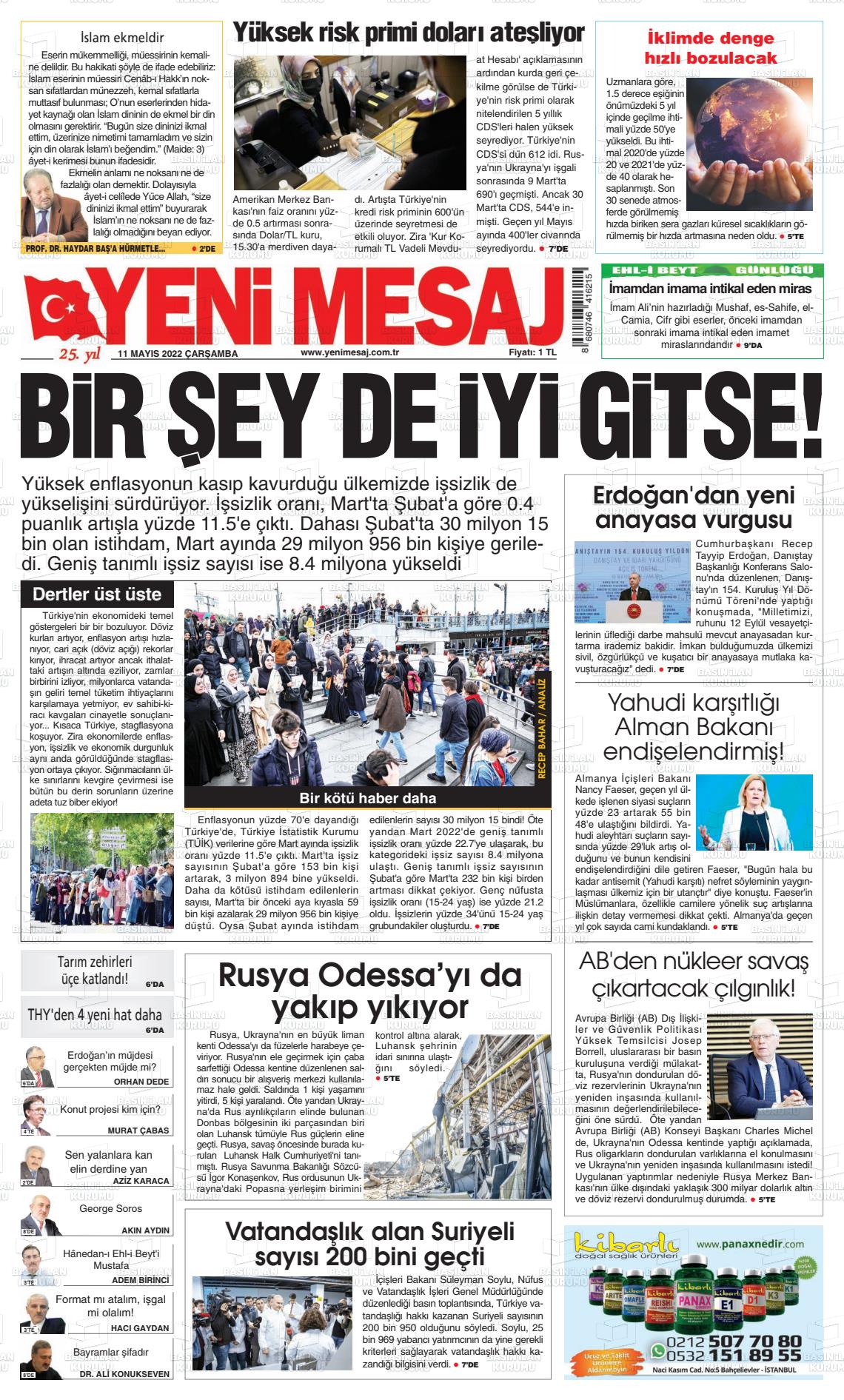 11 Mayıs 2022 Yeni Mesaj Gazete Manşeti