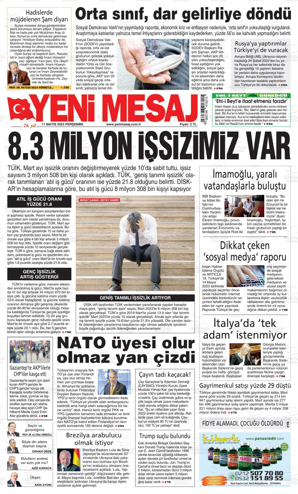 11 Mayıs 2023 Yeni Mesaj Gazete Manşeti