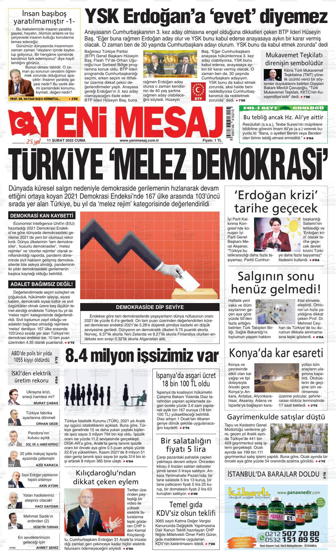 11 Şubat 2022 Yeni Mesaj Gazete Manşeti