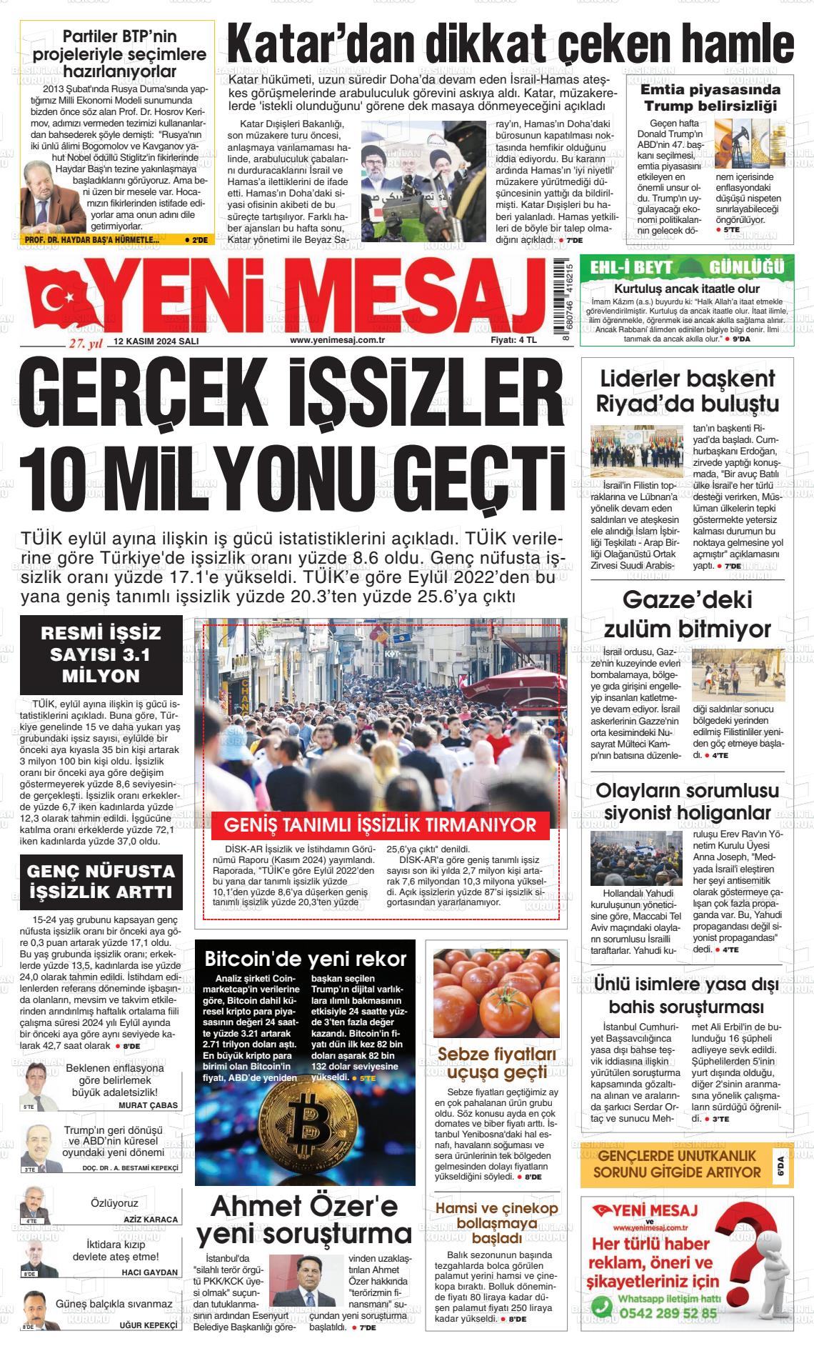 12 Kasım 2024 Yeni Mesaj Gazete Manşeti